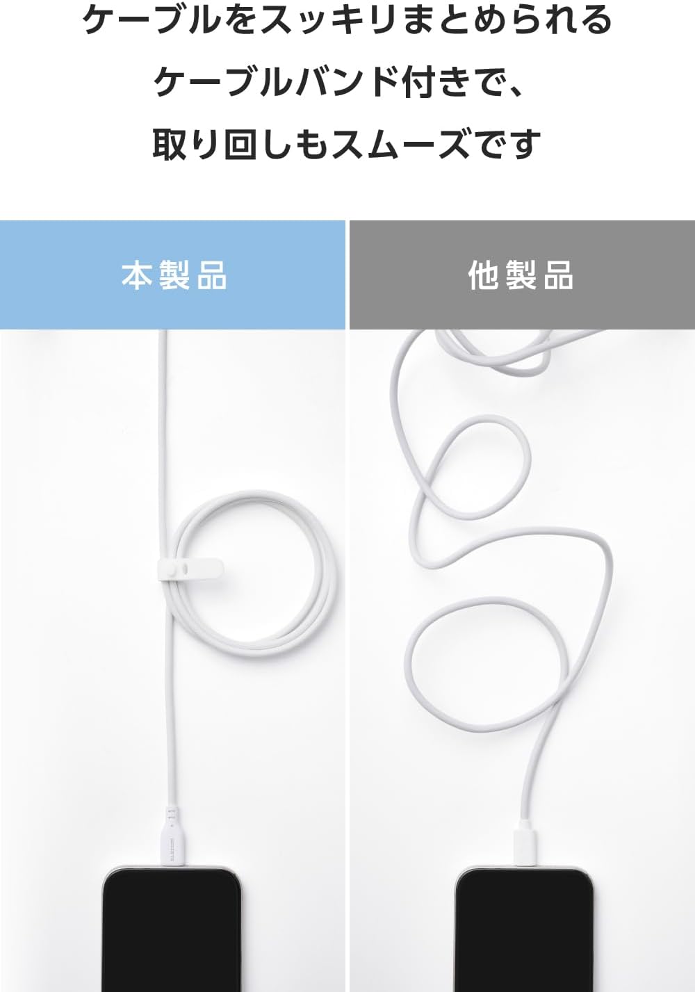Thumbnail 5 de エレコム MPA-CCECSM10WH USB Type-Cケーブル 1m・最大60W PD対応、シリコンメッシュ・ホワイト