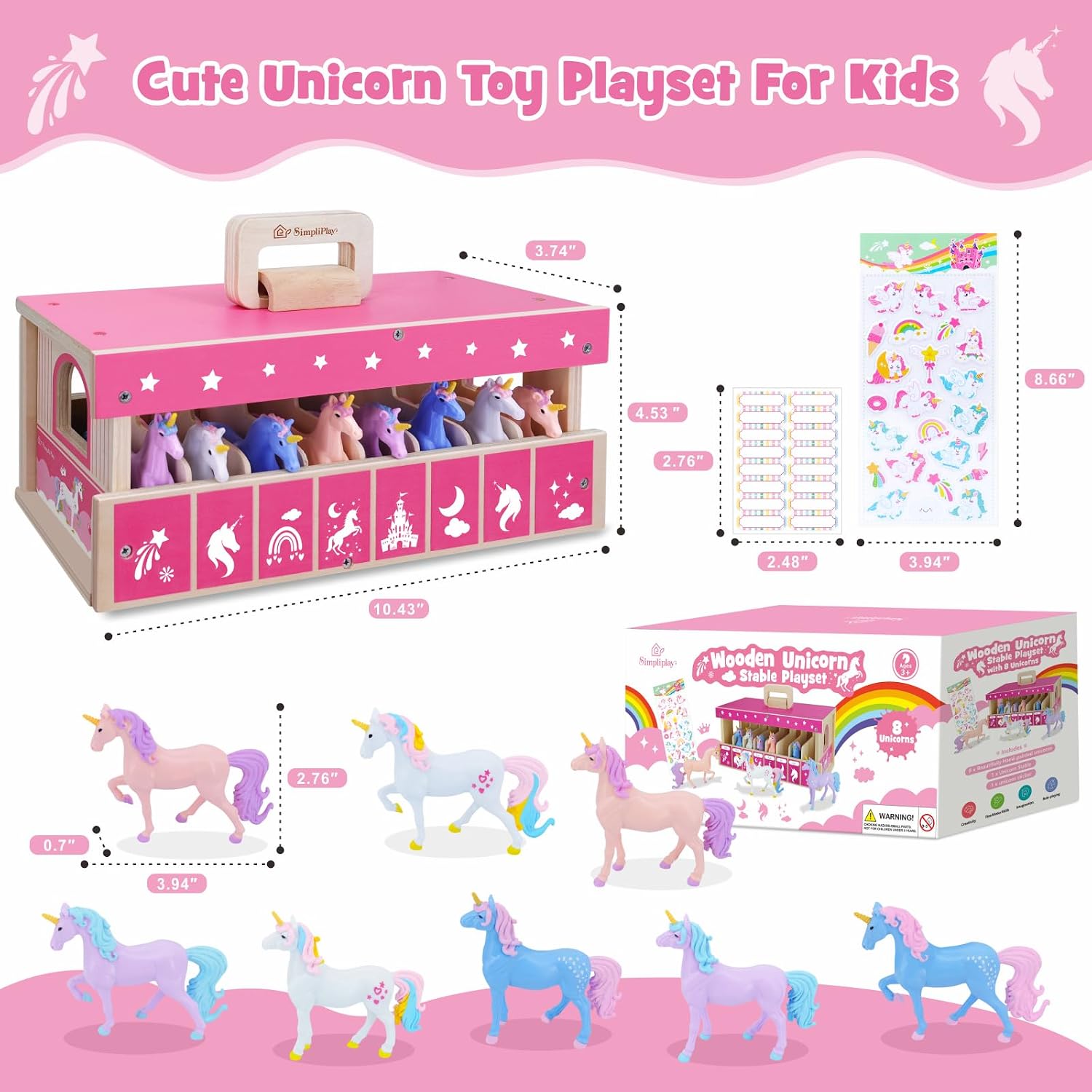 Thumbnail 5 de SIMPLIPLAY Unicorn Wooden Stable Playset – Portable Toy Horse Stable with 8 Unicorn Figures