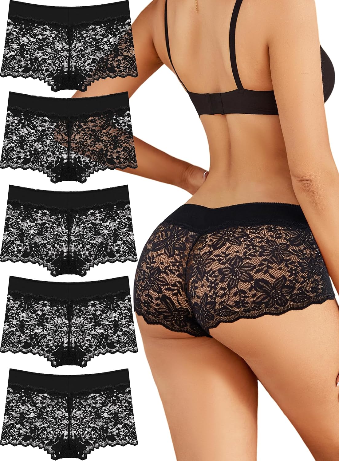 Detalle de ALL OF SHE 5er-Set Damen-Boxershorts mit Spitze in großen Größen (S–3XL)