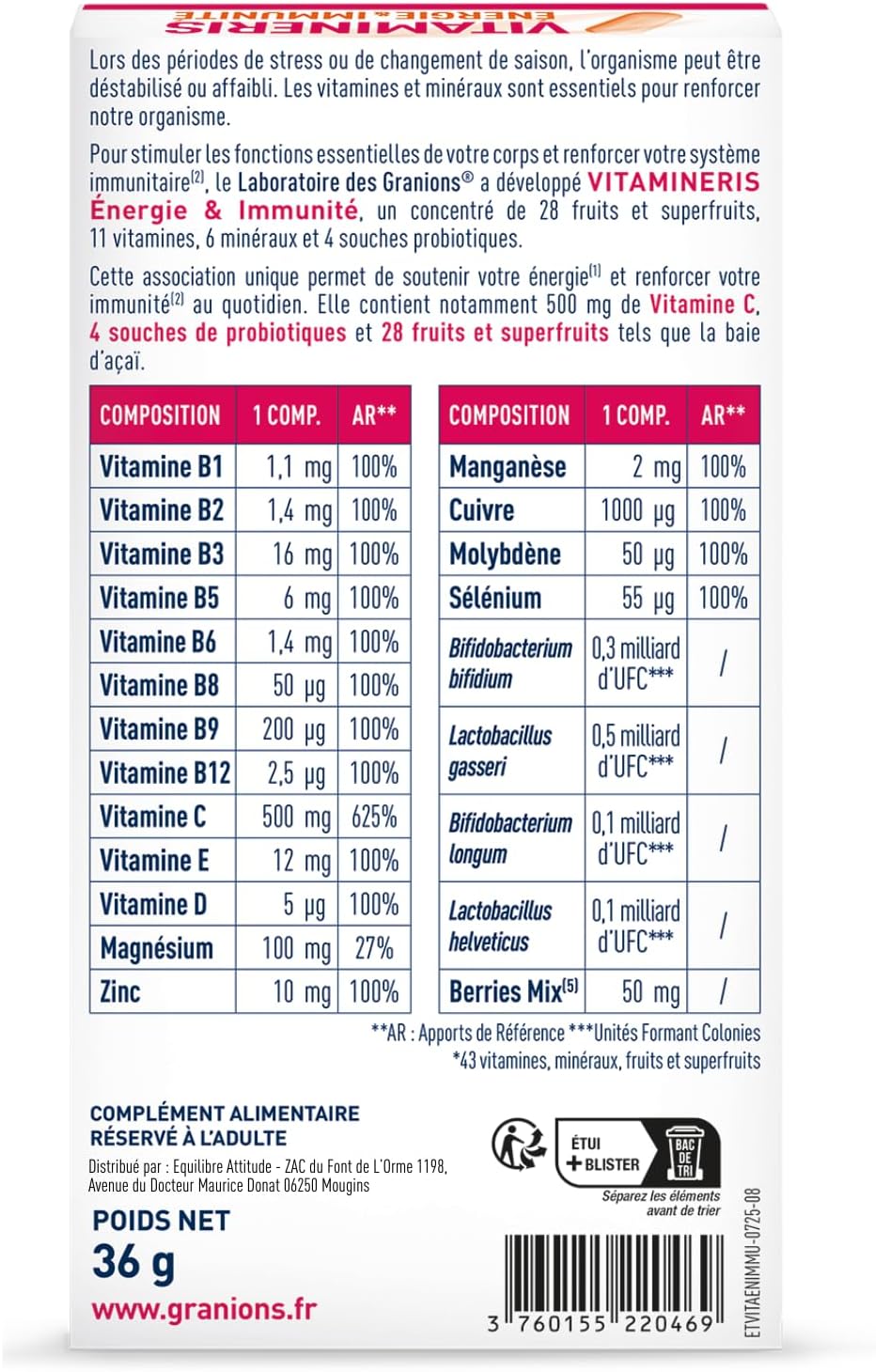 Thumbnail 5 de GRANIONS – Vitamineris Energie & Immunité: Vitamine C 500 mg + Vitamine D + Zinc + B12 – Adultes – 30 comprimés
