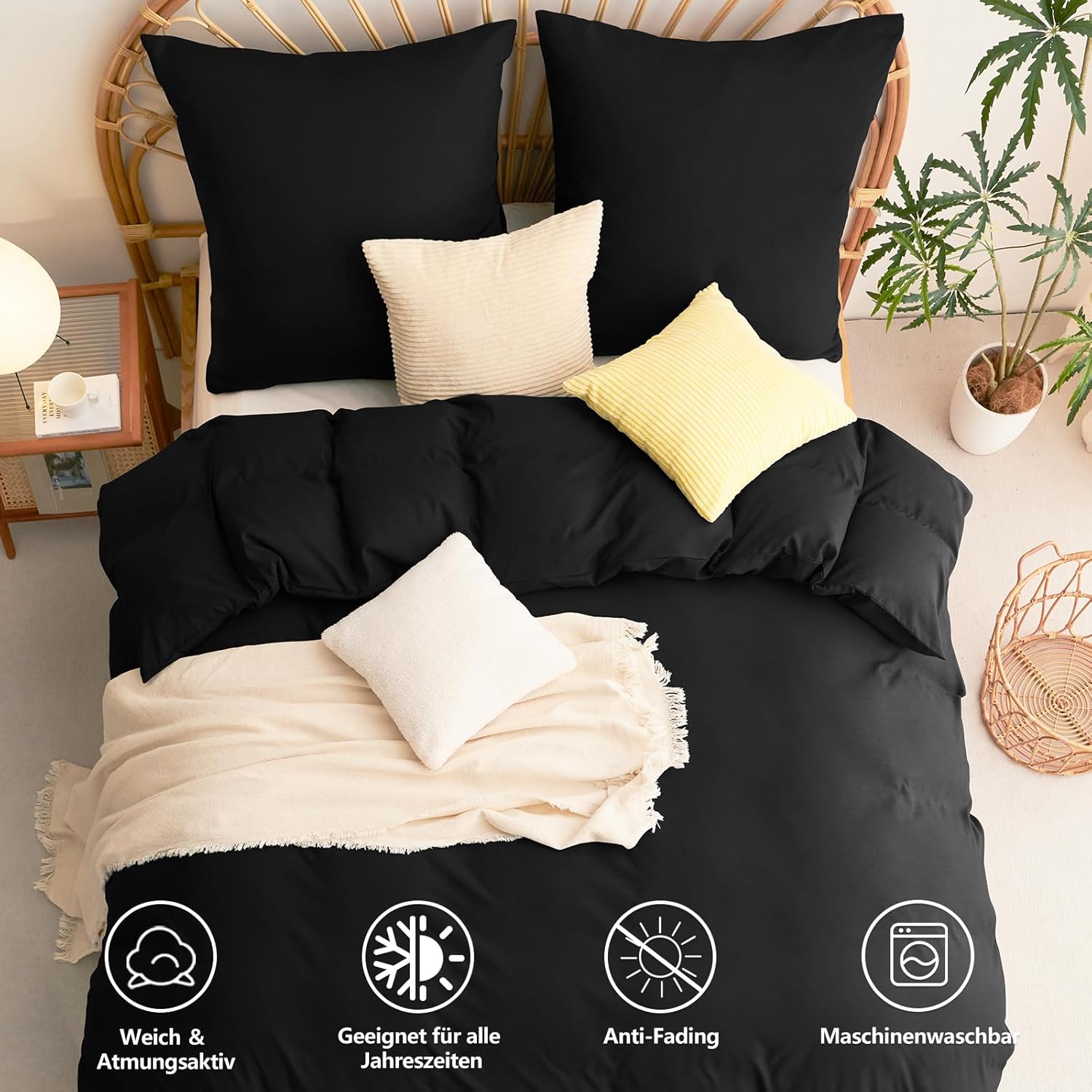 Thumbnail 6 de WAVVE Bettwäsche 200x200 3-teilig Schwarz – Mikrofaser-Set mit Reißverschluss