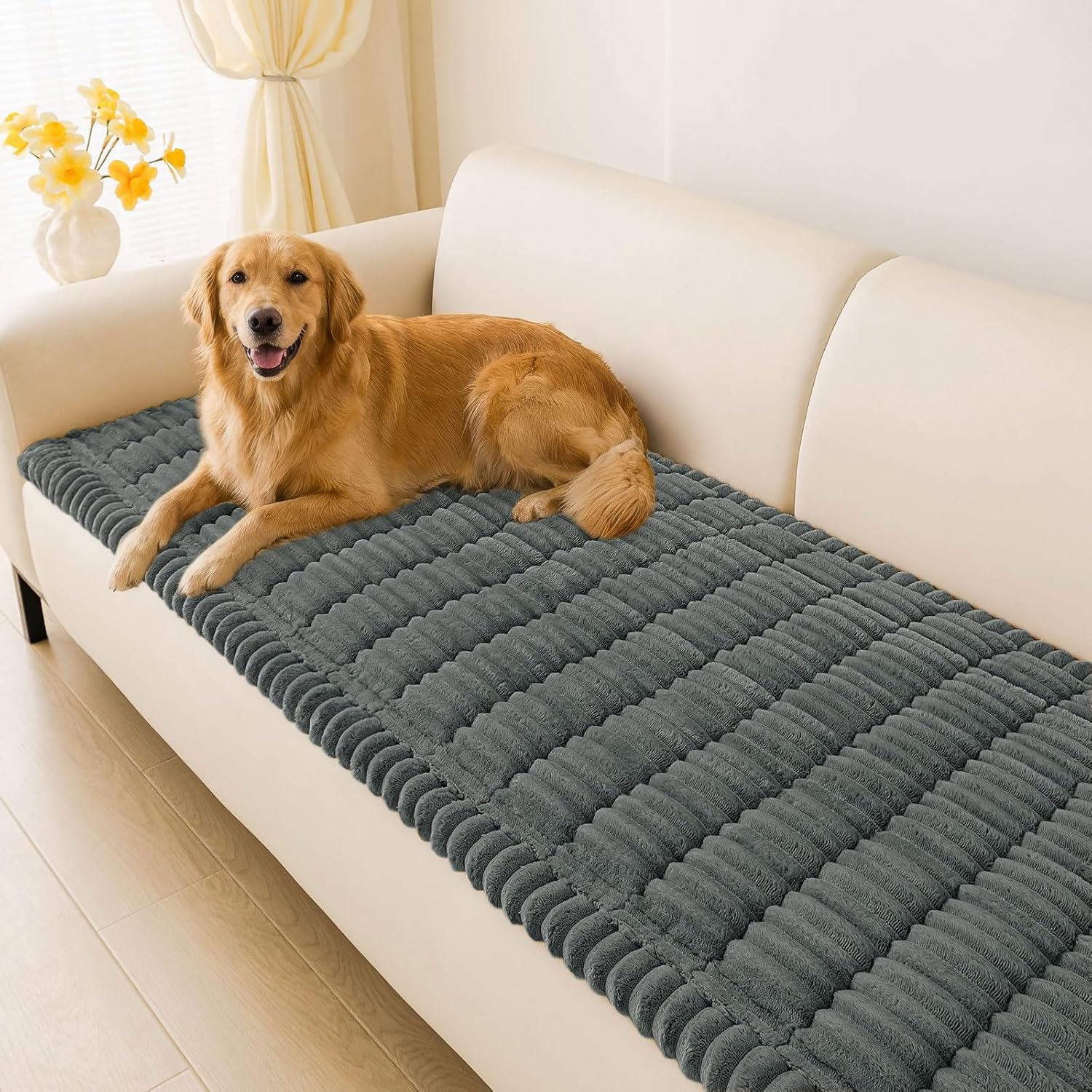 hyha Washable Non-Slip Plush Couch Covers for Dogs (Dark Grey, 3-Cushion Size: 27.6" x 59")