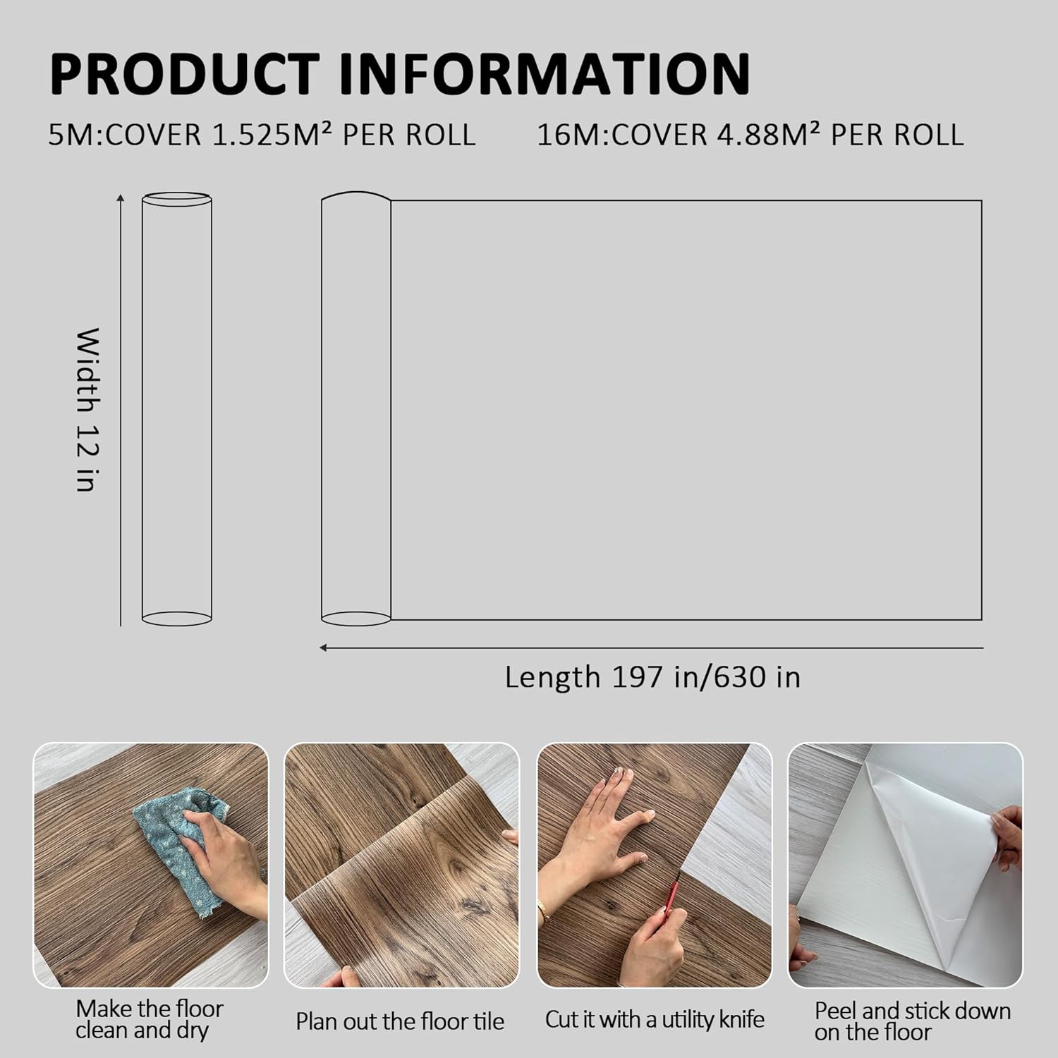 Detalle de Vinyl Flooring Roll 30cm x 5m: Laminate Black and White Marble Peel & Stick