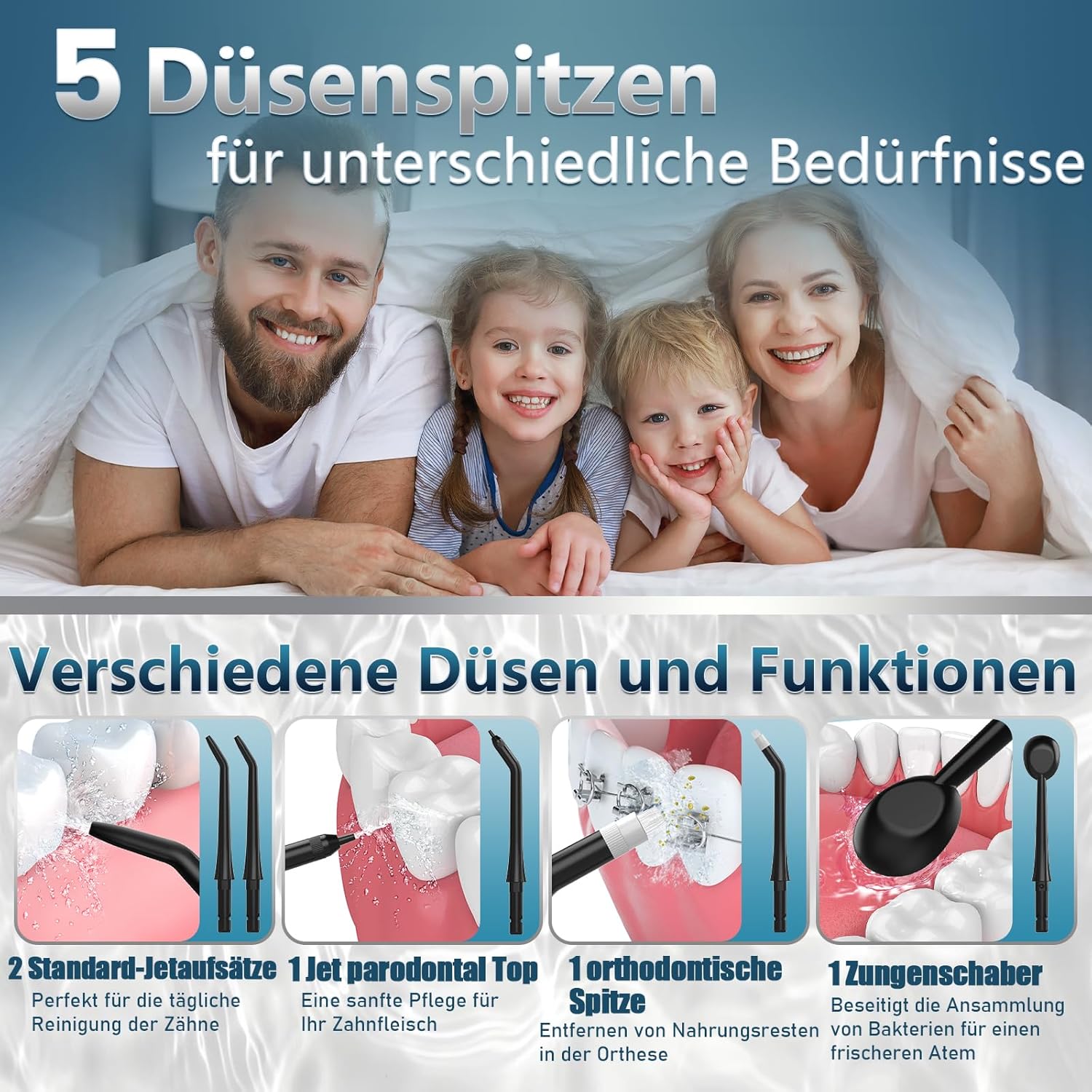 Detalle de OasiSmile Kabellose Elektrische Munddusche – Testsieger 2026, 4 Modi, 5 Düsen, 300 ml Tank, IPX7