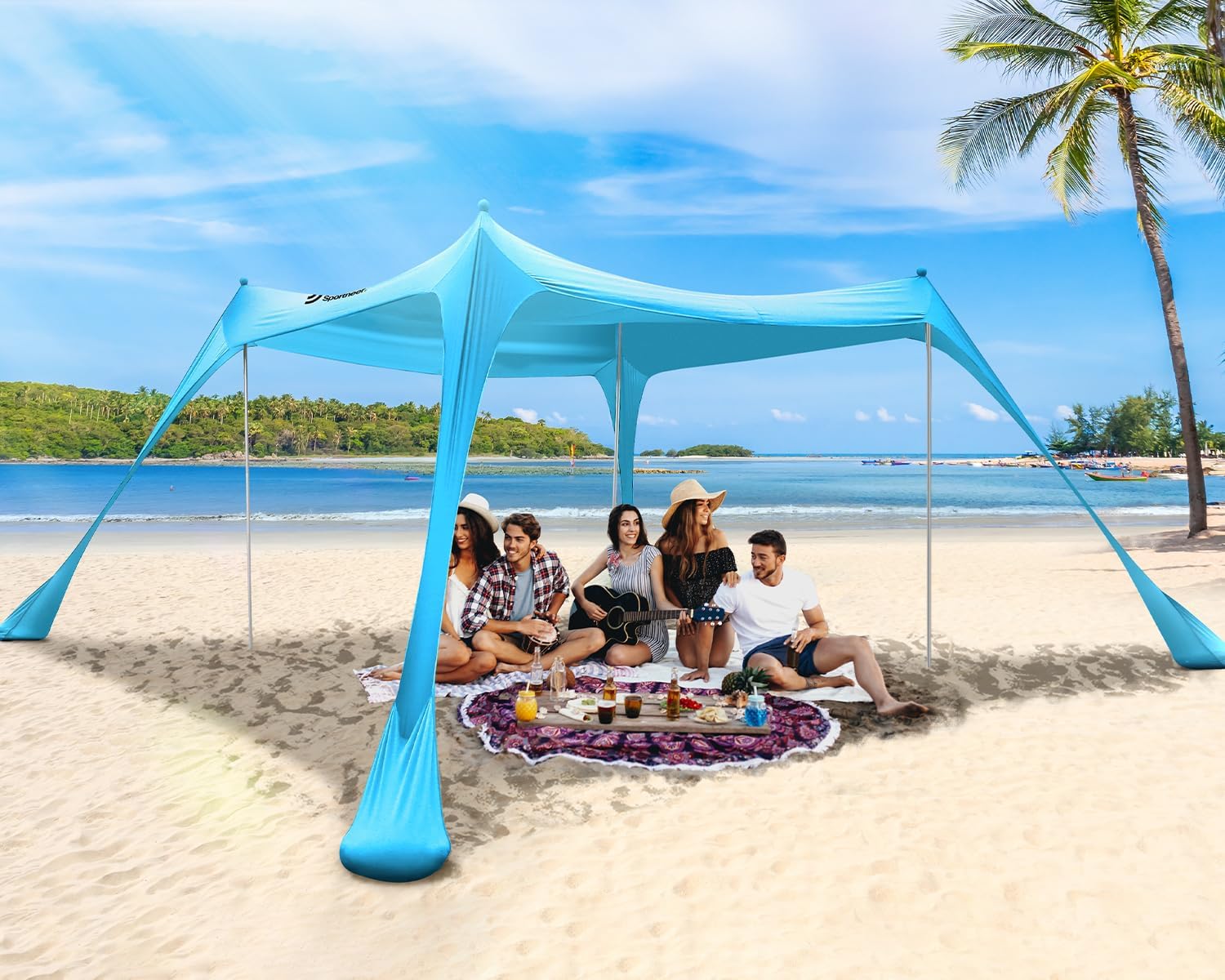 Detalle de Sonnensegel Strandzelt UPF50+ 3x3x2 m – Strandsonnenschutz mit 4 Stangen, 4 Sandsäcken und 4 Ground Anchors