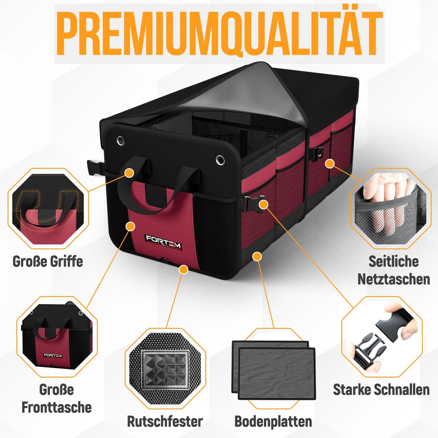 Detalle 2 de FORTEM Kofferraum Organizer (rot, groß) – zusammenklappbare Kofferraumtasche mit Fächern
