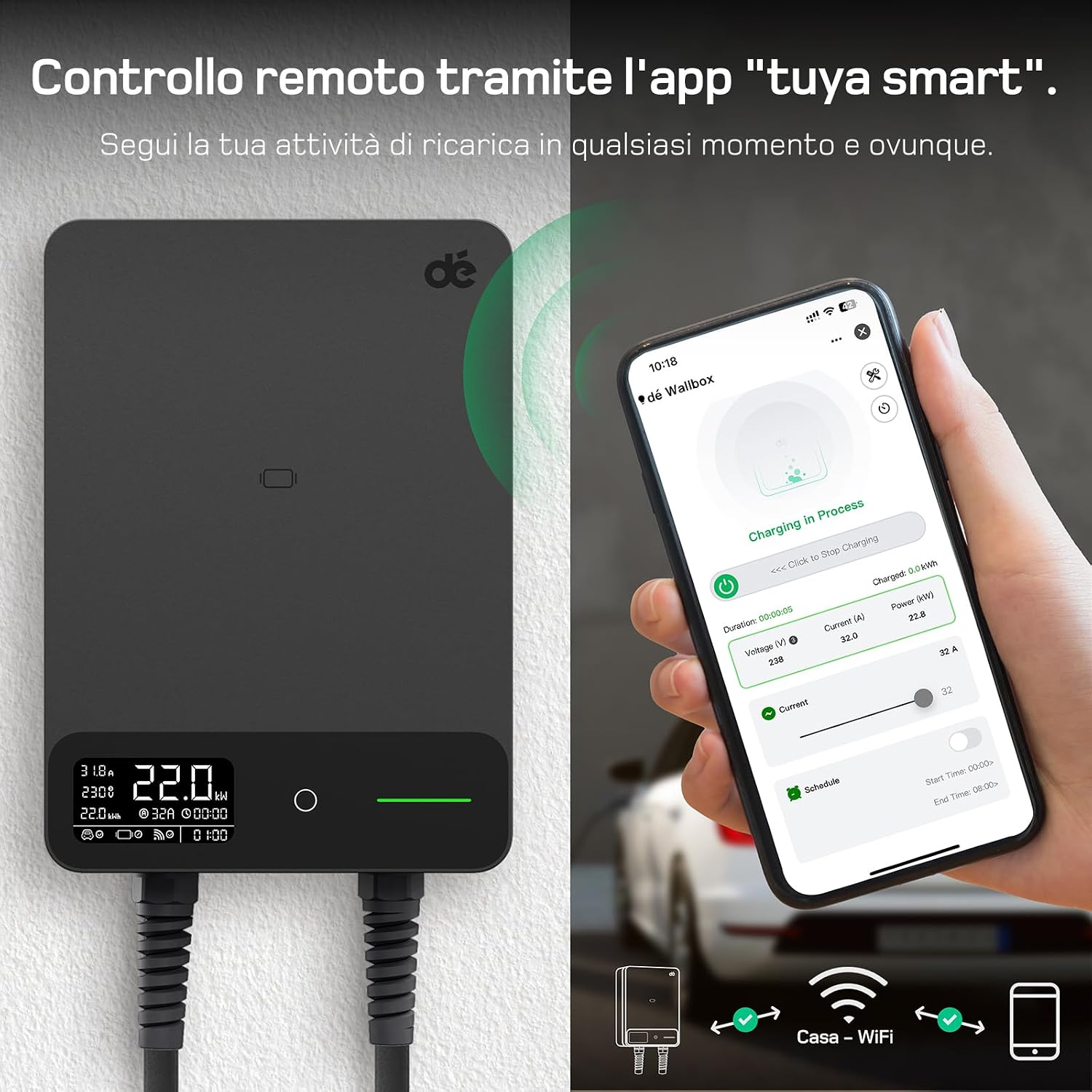 Detalle de dé Wallbox 22kW per ricarica auto elettriche con APP e RFID, trifase, Tipo 2, cavo 12,5 m, IP54 e RCD Tipo B