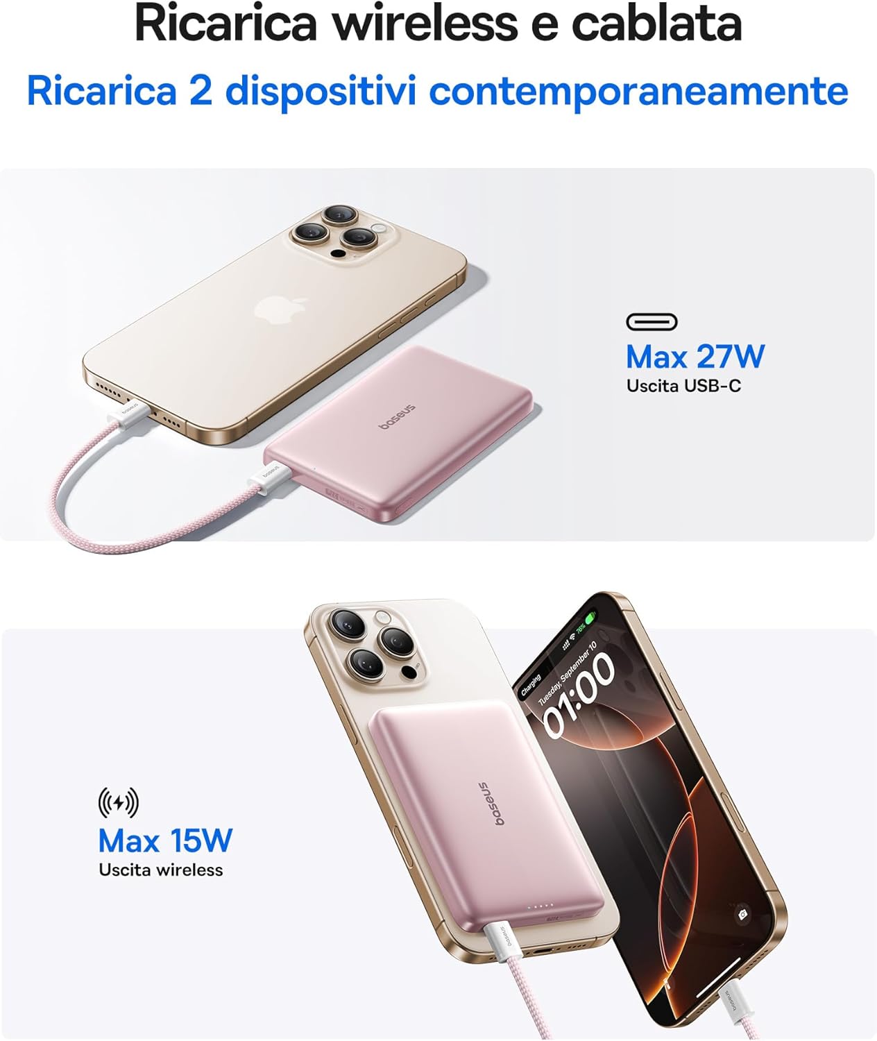 Detalle 1 de Baseus Picogo AM41 Power Bank 10000mAh Qi2 MagSafe magnetico 15W/27W ultra sottile rosa