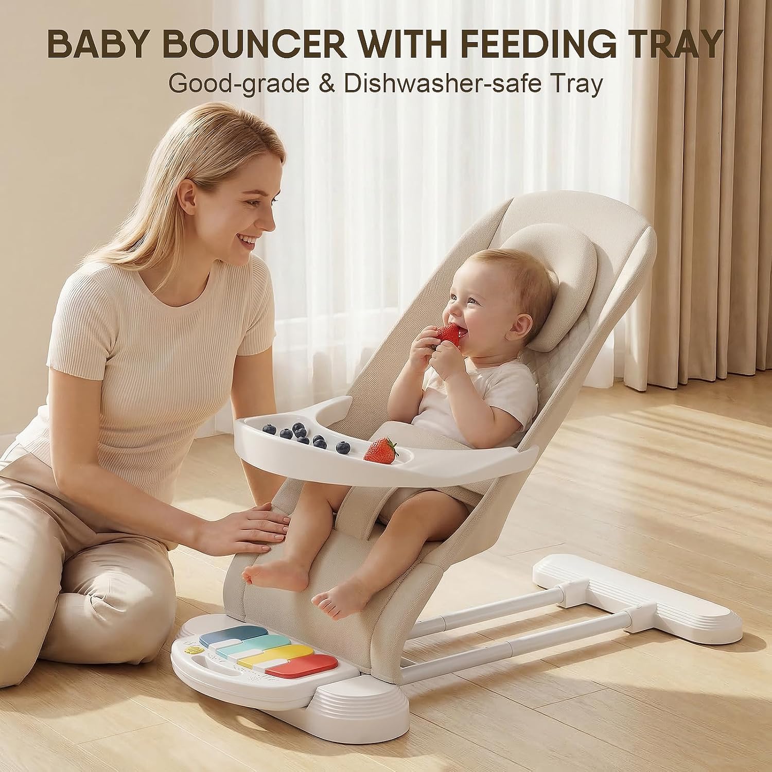 Detalle de Monamii Baby Bouncer with 3 Adjustable Positions, Feeding Tray and Piano