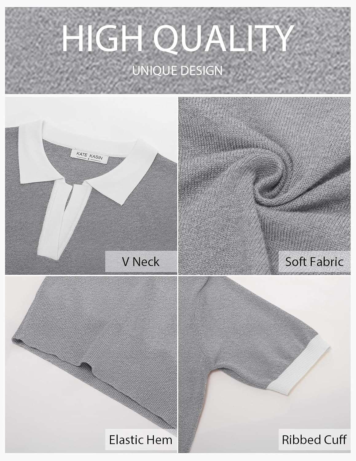 Detalle 2 de Kate Kasin Women Short Sleeve Polo Sweater (V-Neck Knit Ribbed Pullover)