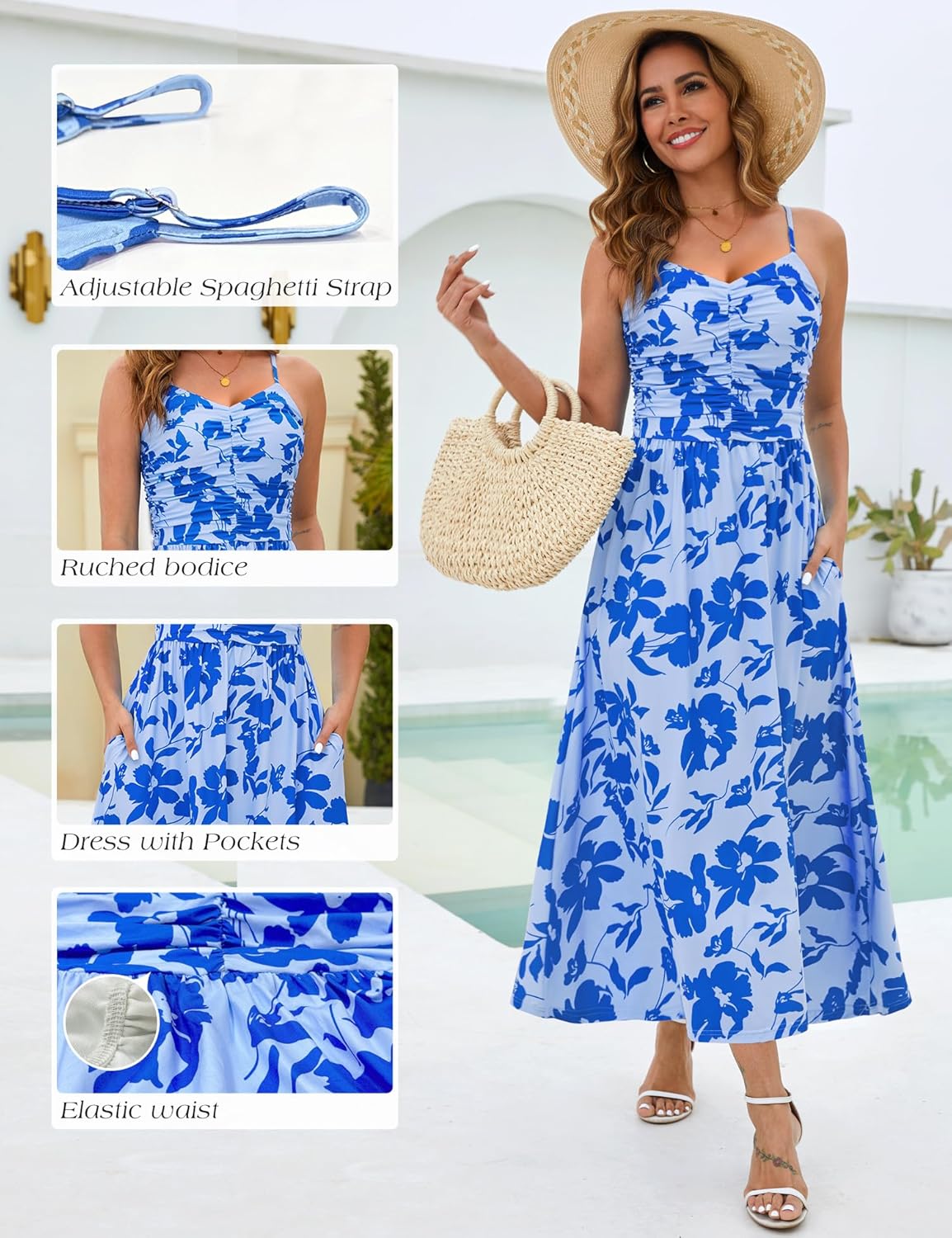 Thumbnail 4 de Annebouti Women’s Ruched Floral Maxi Dress with Adjustable Spaghetti Straps and Pockets