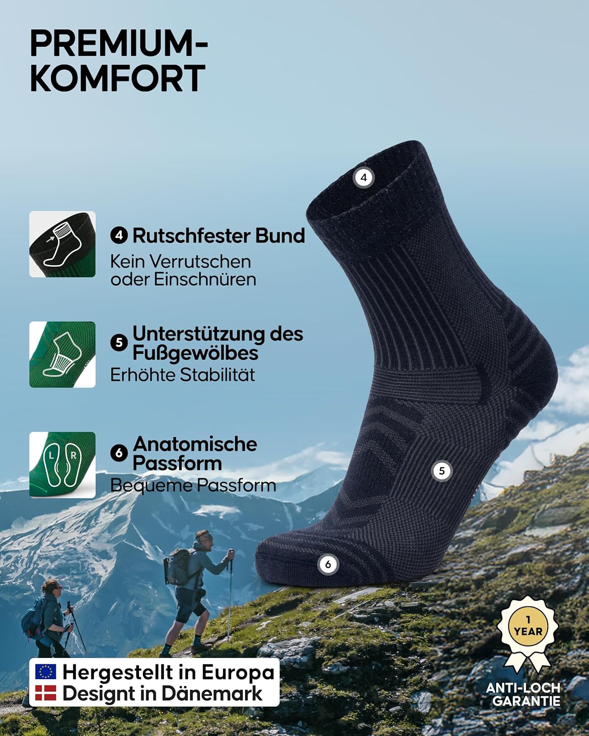 Thumbnail 2 de DANISH ENDURANCE Leichte Merino‑Wolle Wandersocken – Gepolstert, atmungsaktiv, Anti‑Blasen (Unisex, 3–5 Paar)