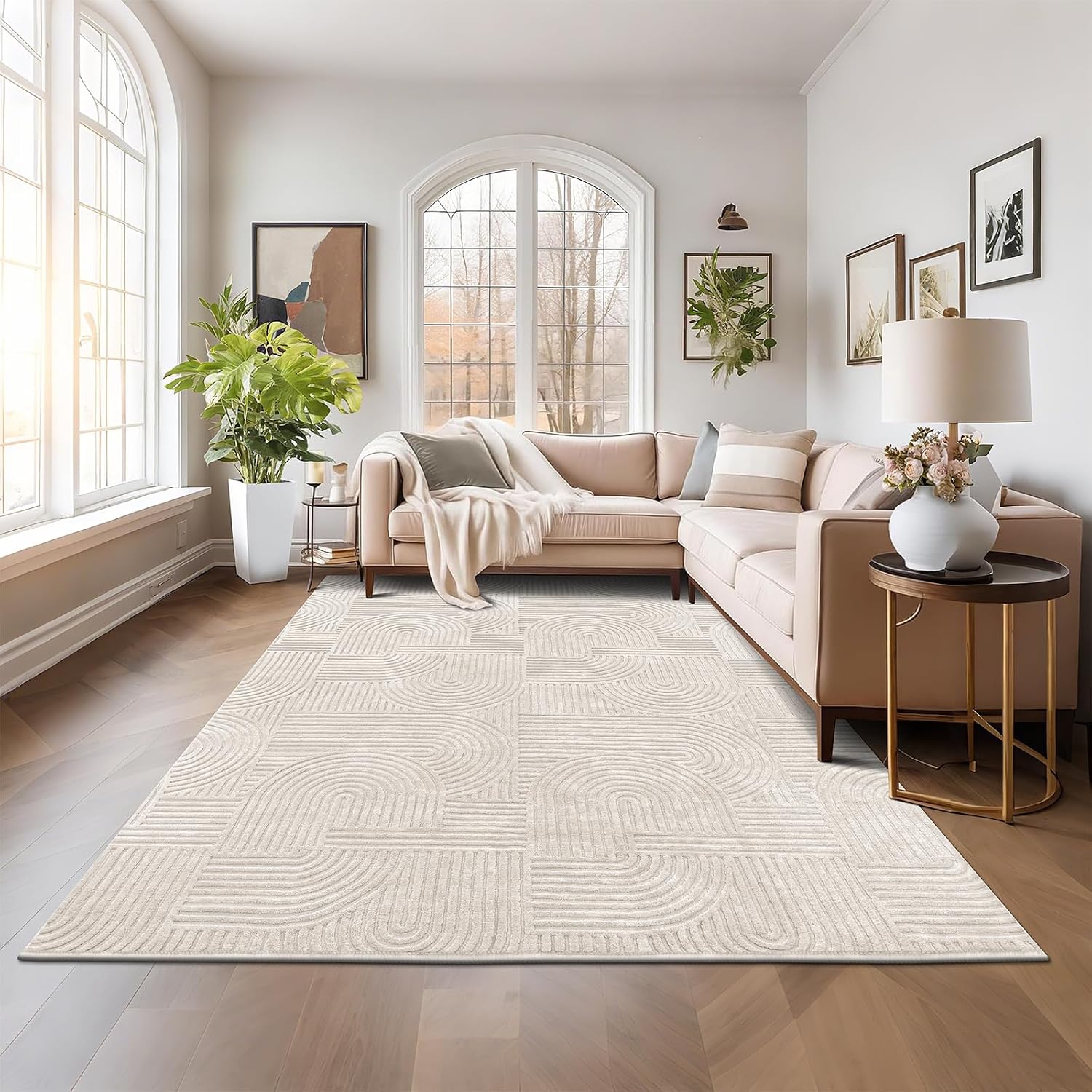 Thumbnail 6 de Pauwer 8x10 Washable Area Rug, Non-Slip Low-Pile Boho Beige (Machine Washable, Living Room/Bedroom)