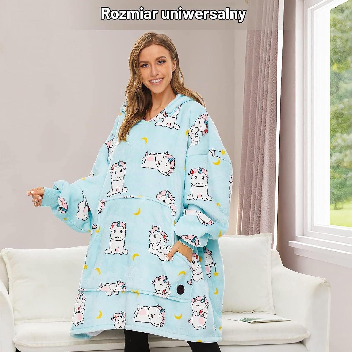 Detalle de THREE POODLE Wearable Blanket Hoodie – koc z kapturem z sherpy i polaru