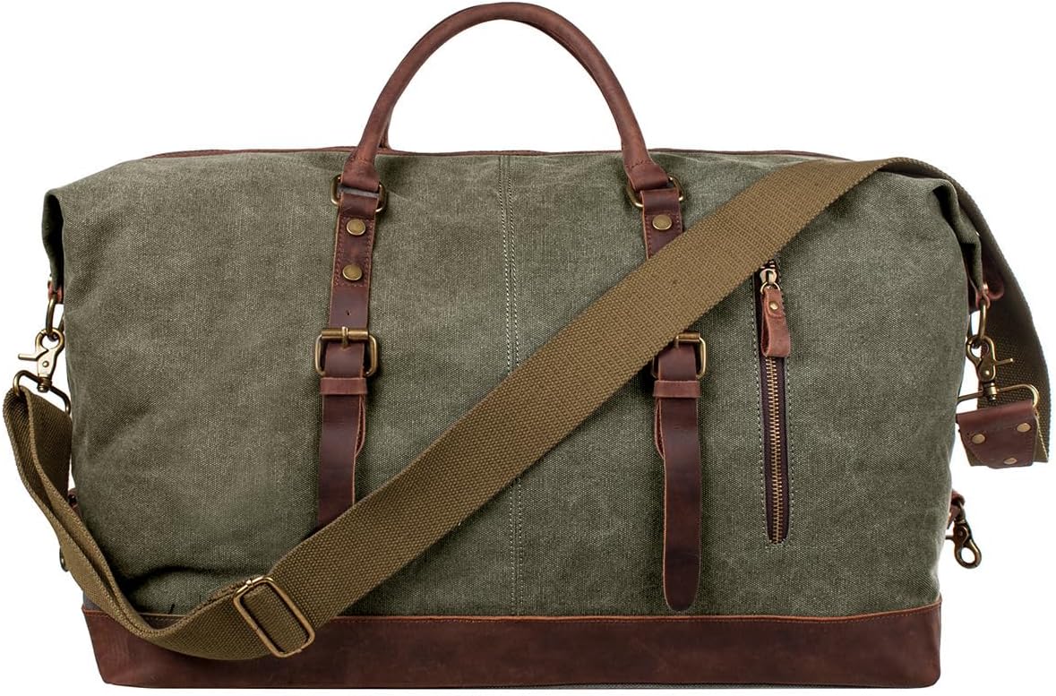 S-ZONE Reisetasche 60L Vintage Canvas Crazy Horse Leder-Trim Weekender (Unisex)