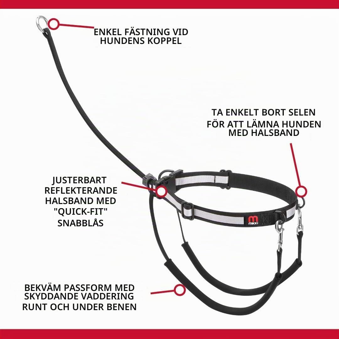 Detalle de Mikki Dog anti-dragsele för hund, medium, svart med justerbart reflexhalsband