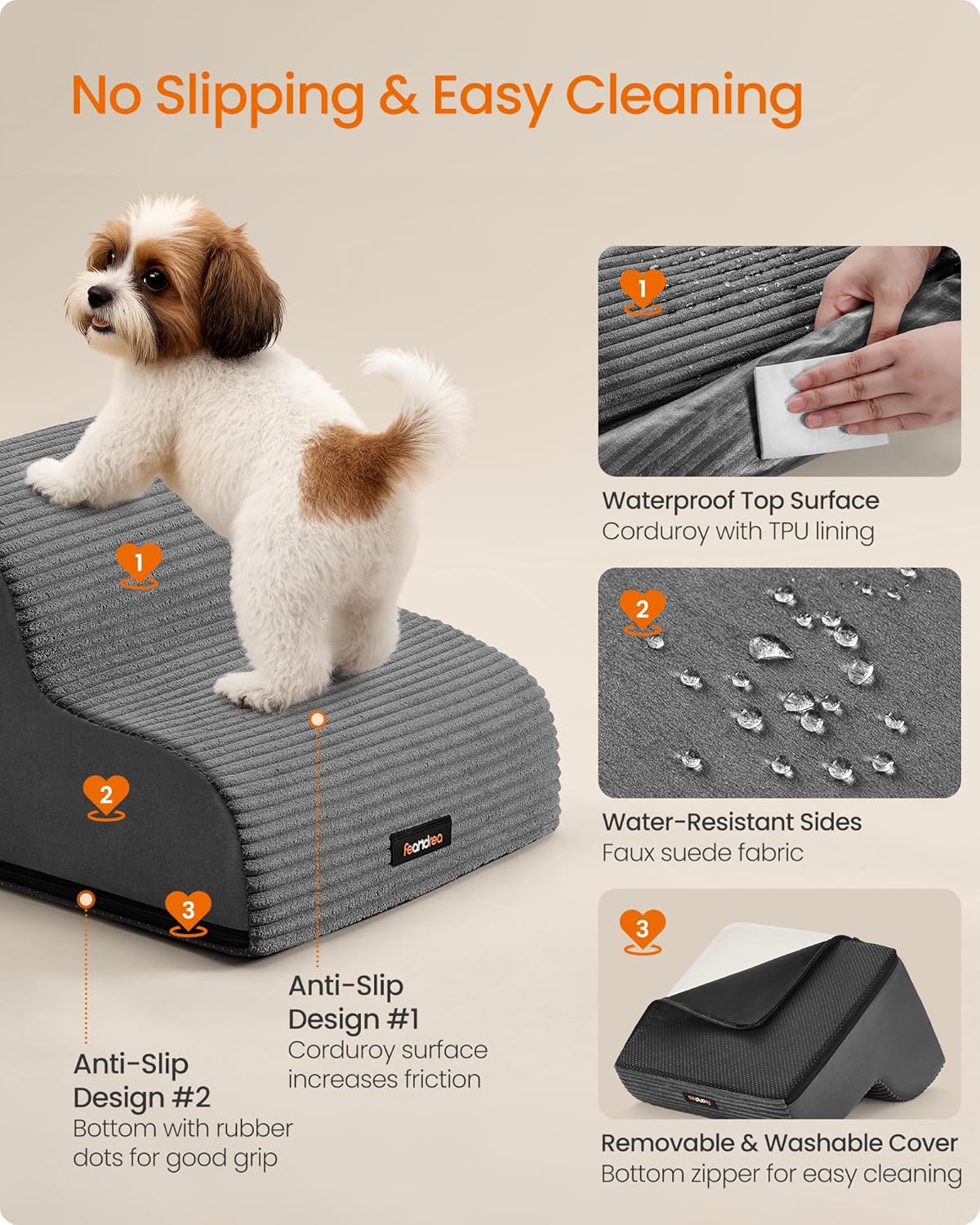 Detalle de Feandrea 2-Step Dog Stairs (Corduroy) – Slim, non-slip pet steps for bed and sofa
