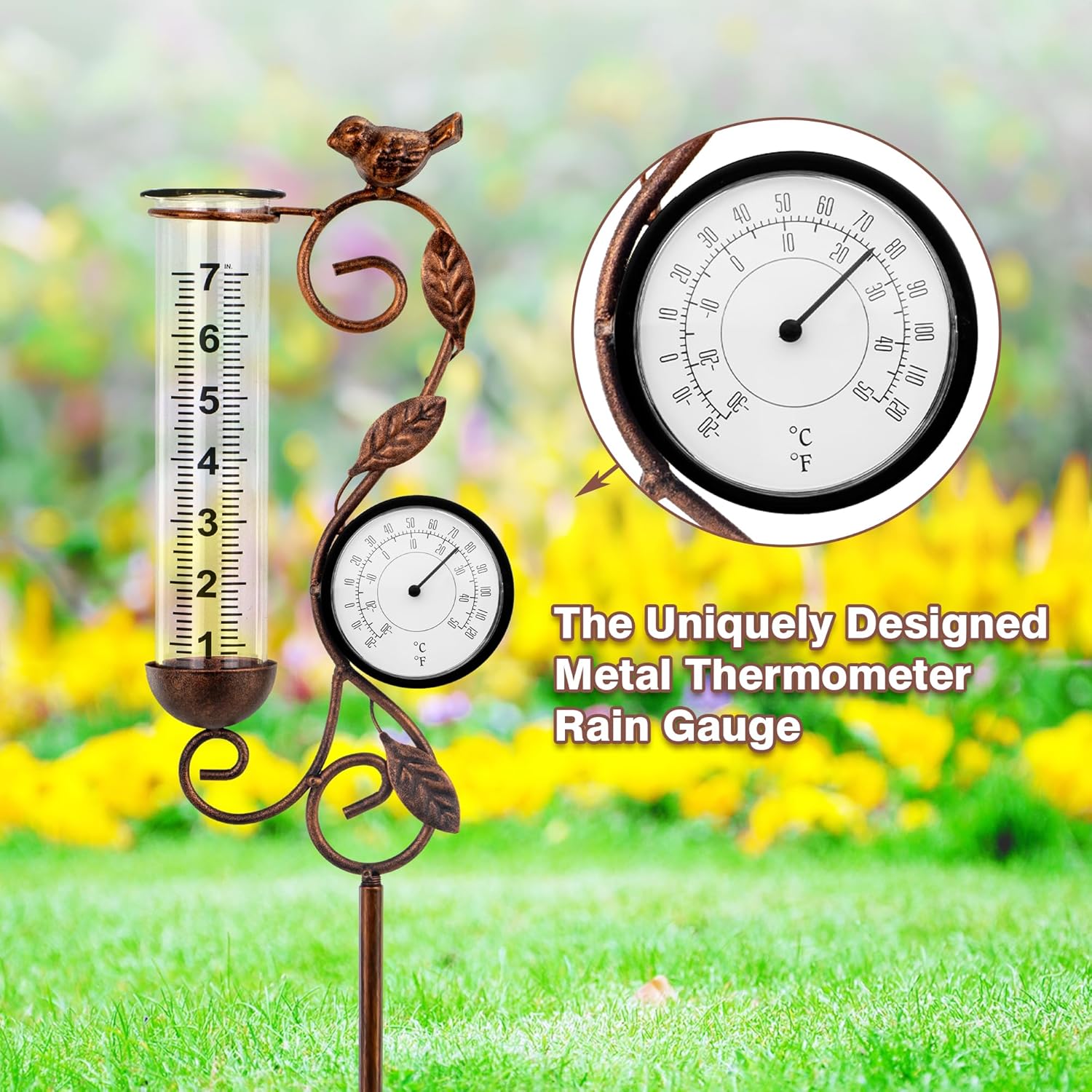 Thumbnail 5 de 32-Inch Garden Rain Gauge with Thermometer — Metal Bird Outdoor Yard Decor & 7-Inch Glass Tube