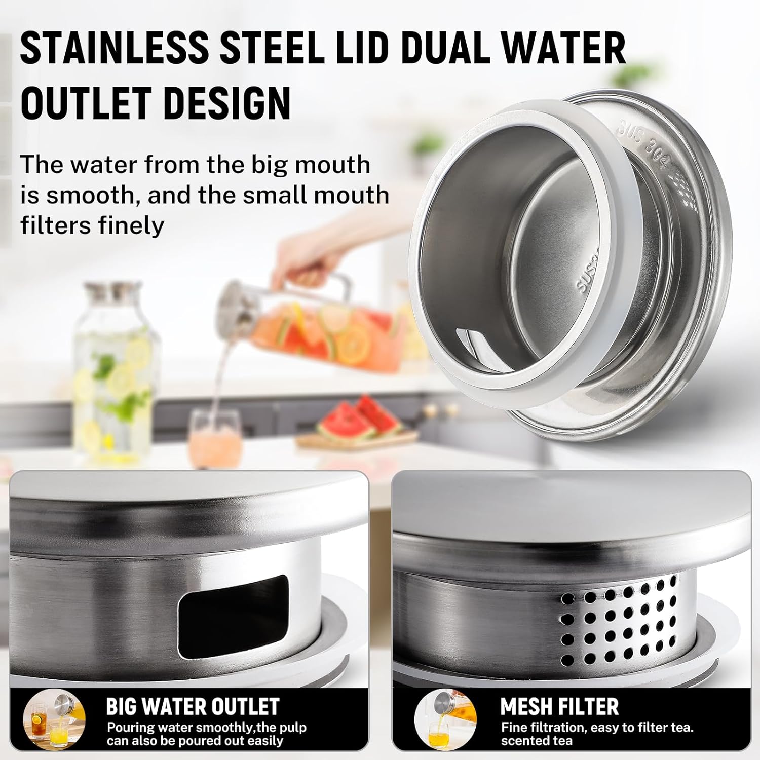 Thumbnail 4 de 2 Quart (68 oz) Square Borosilicate Glass Pitcher with Lid & Spout — Square Fridge Carafe for Hot/Cold Drinks