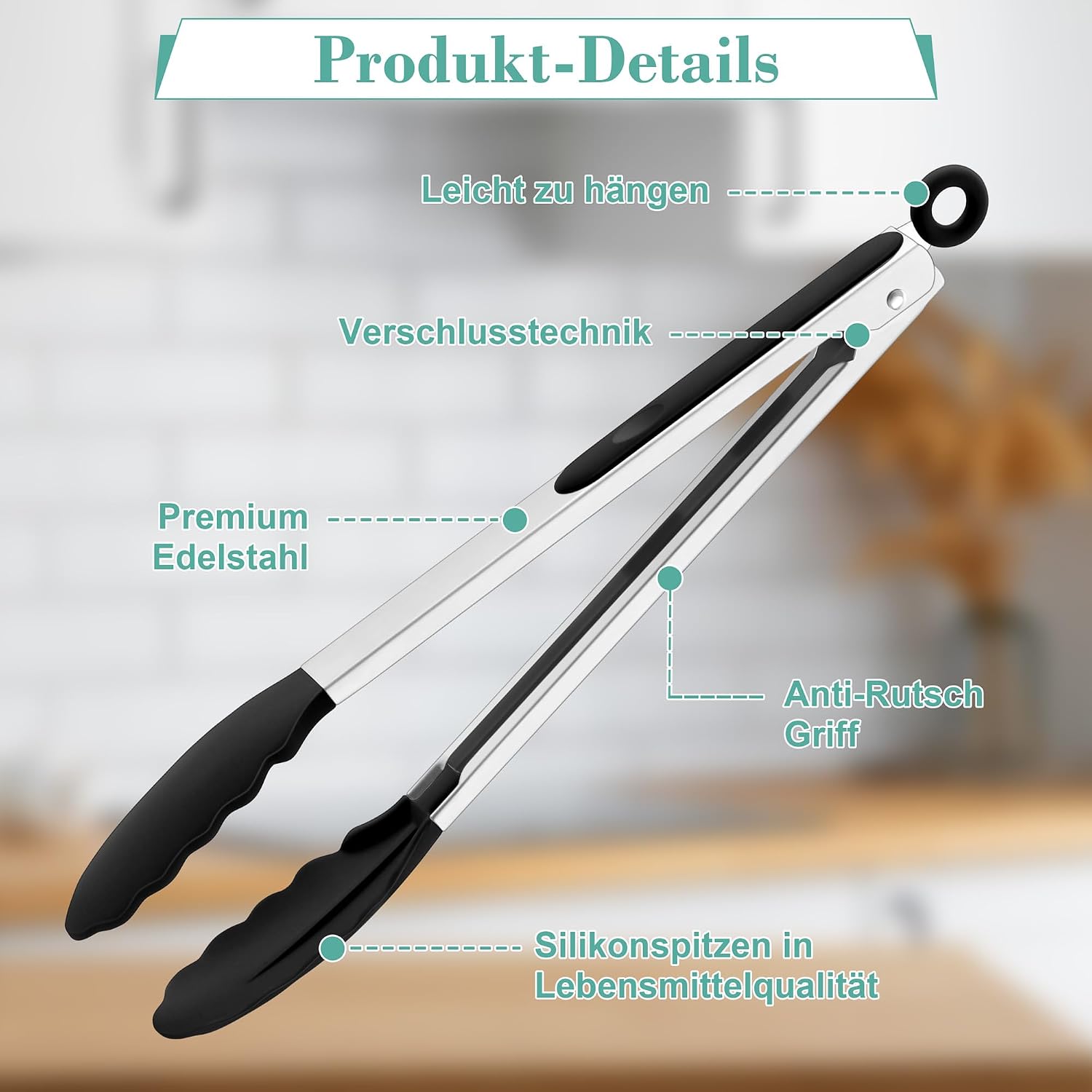 Detalle de HaWare Küchenzange – 2er Edelstahl-Set mit hitzebeständigem Silikongriff, Schwarz