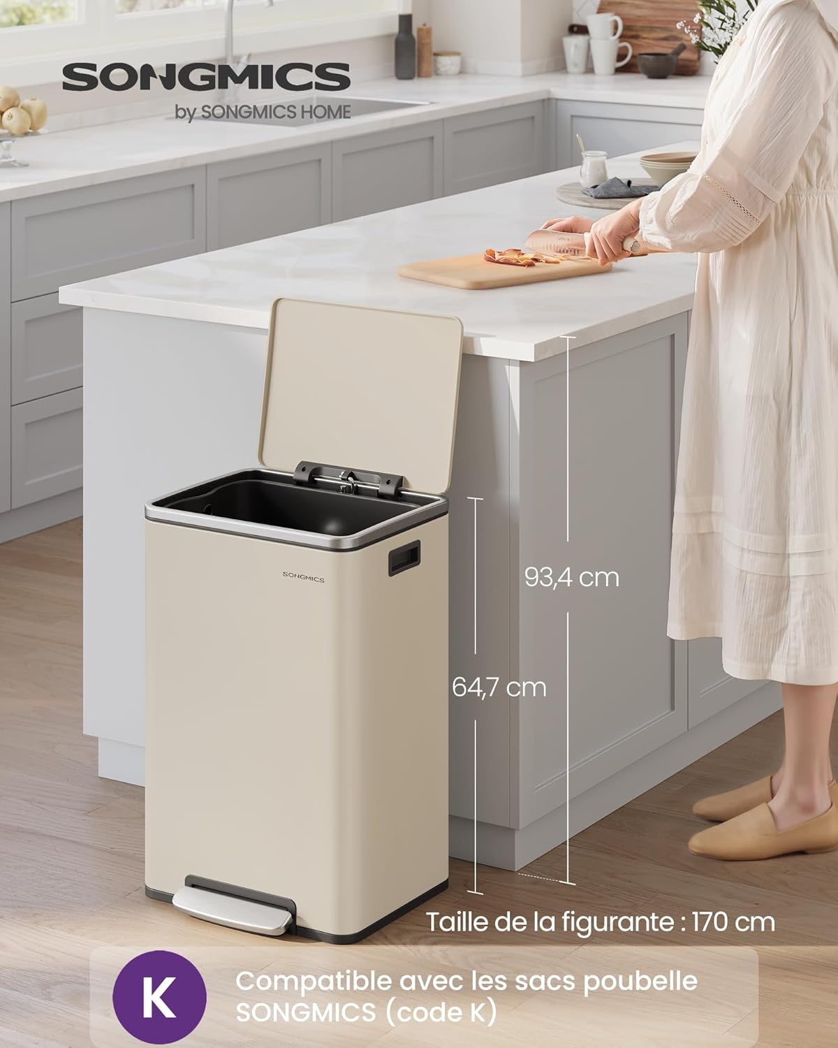 Detalle 2 de SONGMICS LTB595A02 Poubelle de cuisine 50 L crème avec couvercle à fermeture douce et seau intérieur amovible
