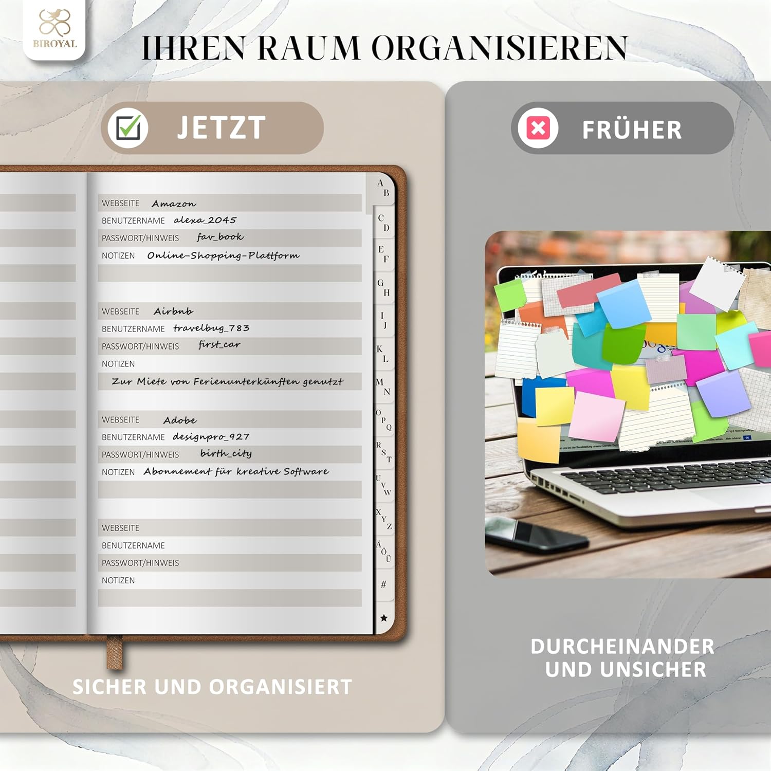 Thumbnail 4 de BIROYAL Passwort Buch Deutsch (A5) mit Register A–Z – Hardcover Notizbuch für Websites, Benutzernamen & Passwörter