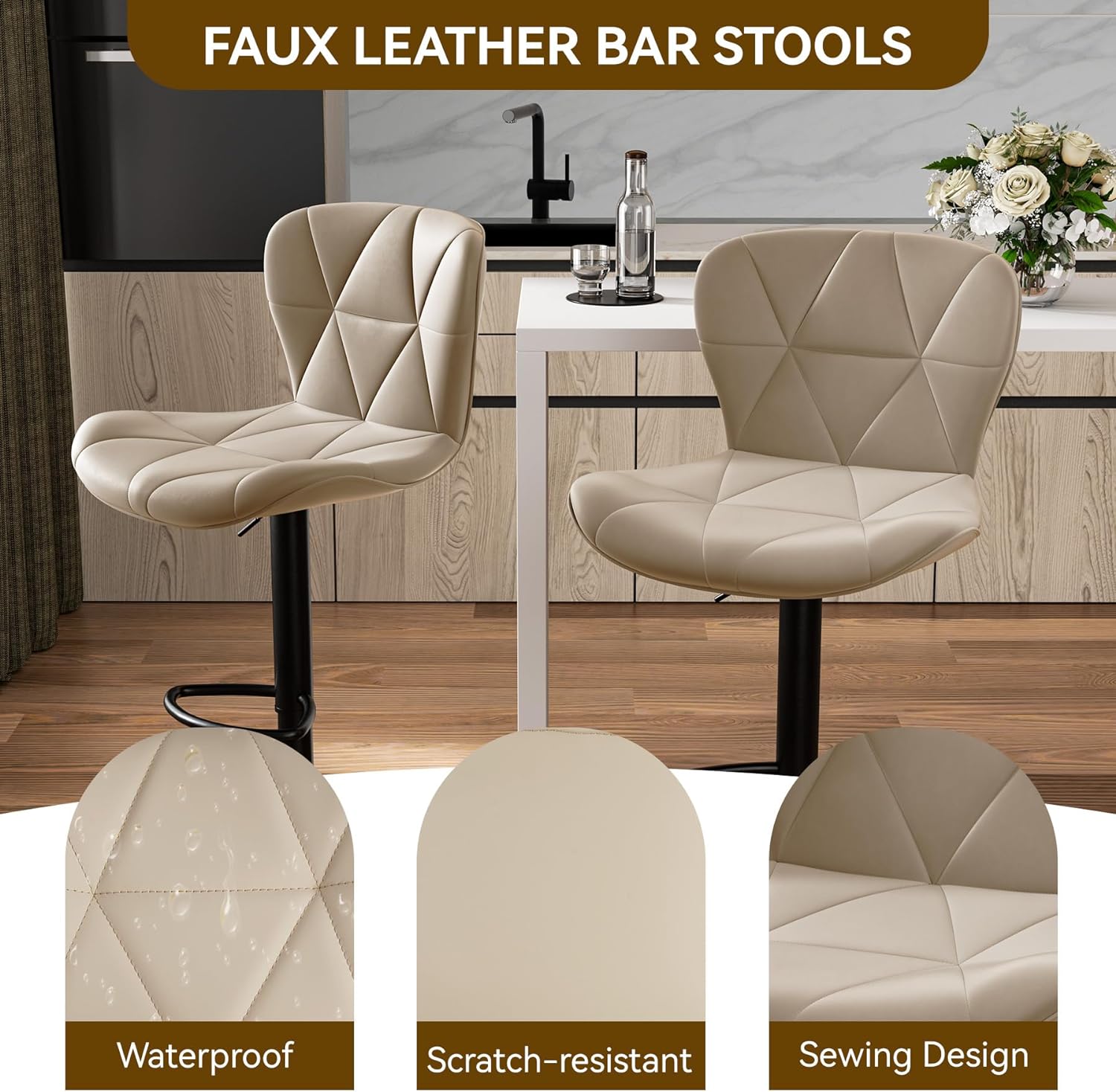 Detalle de Nalupatio Set of 4 Adjustable Swivel Bar Stools, Khaki Faux Leather
