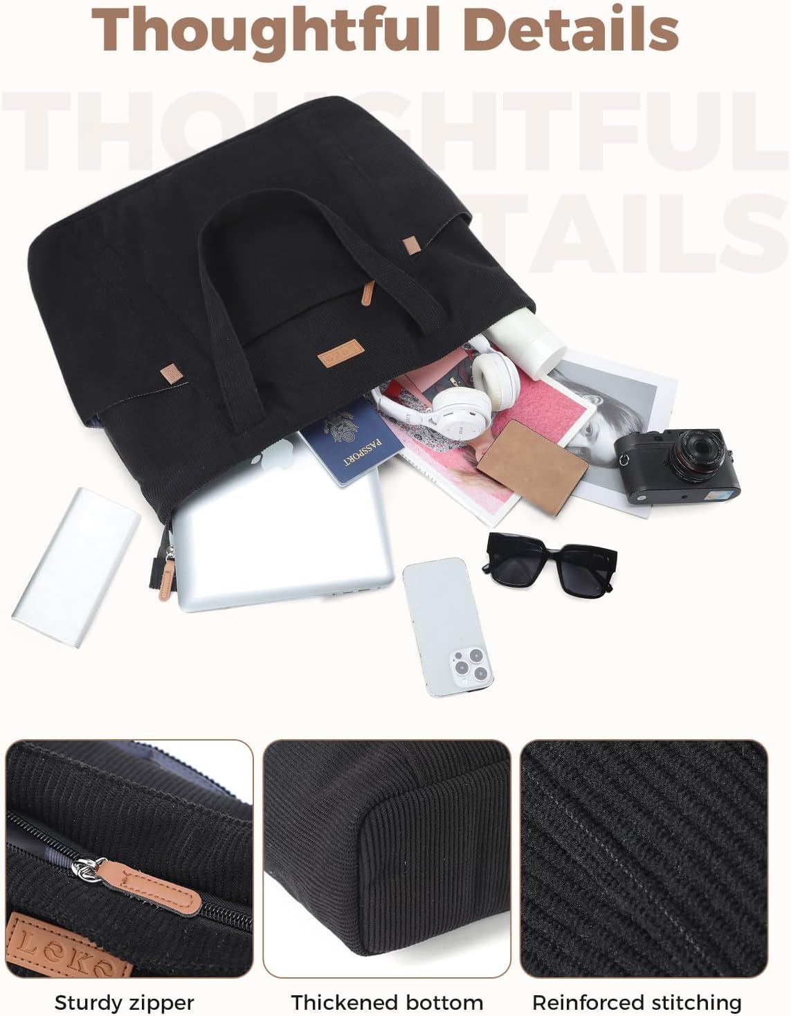 Detalle de Lekespring Cord Tasche Damen – Große Tote Bag mit Reißverschluss, 18 L