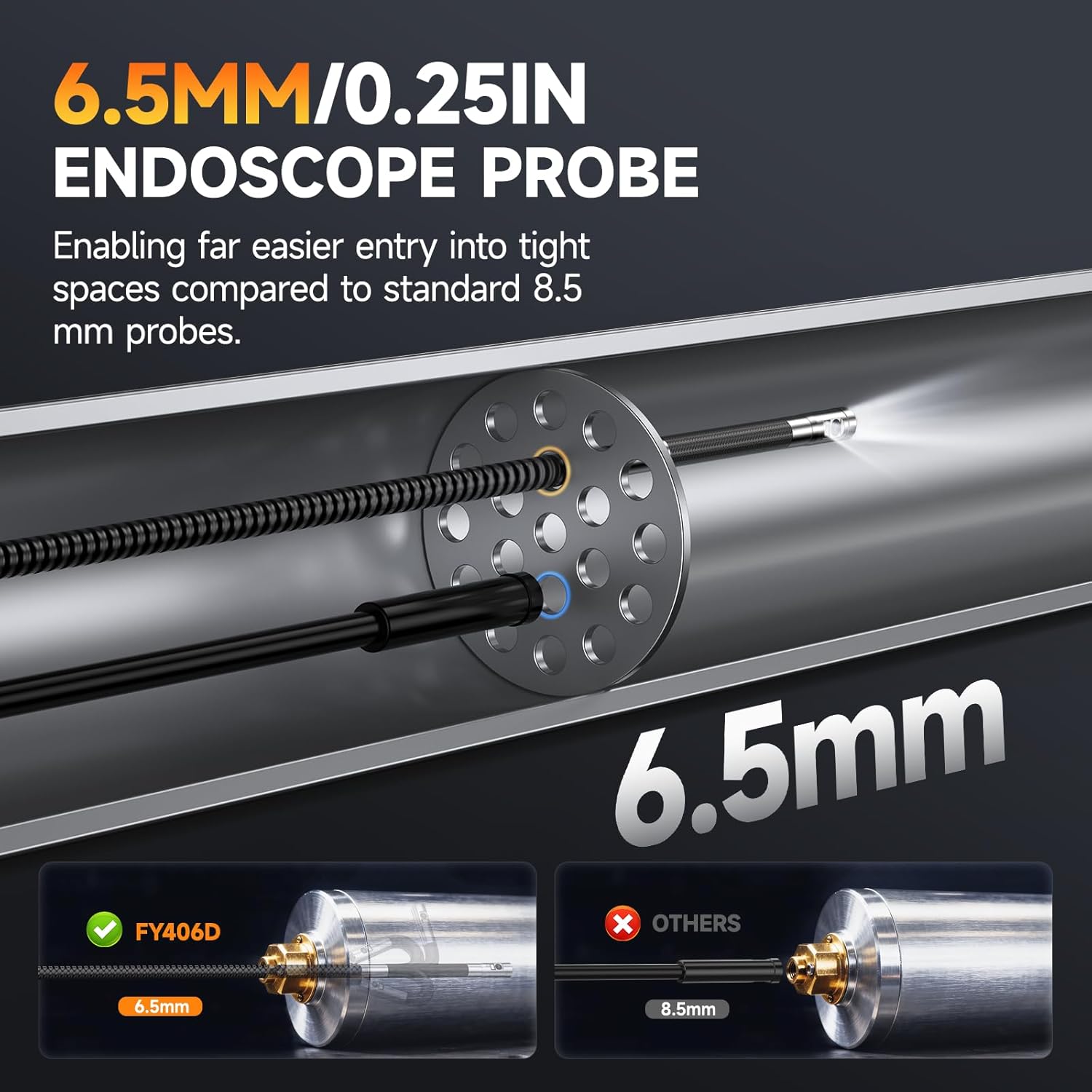 Detalle 2 de FOXWELL 6.5mm Slim Dual-Lens 220° Two-Way Articulating Borescope (Y406D) with IPS HD Screen