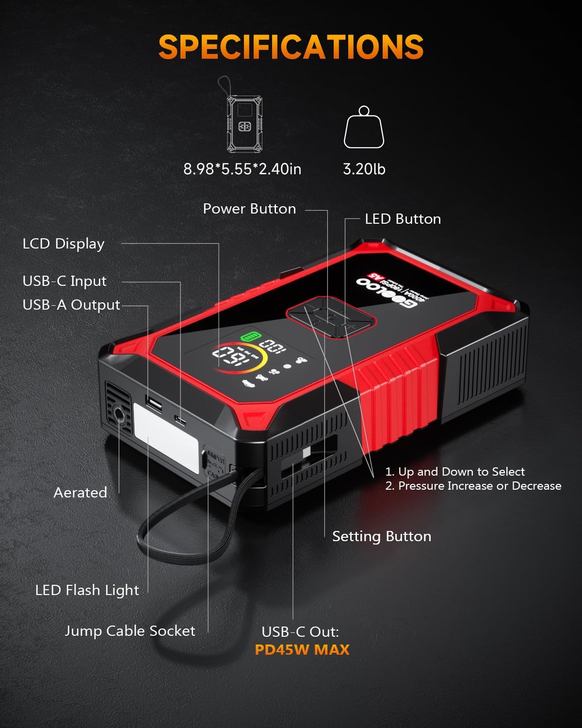 Thumbnail 4 de GOOLOO A5 5-in-1 Jump Starter with Air Compressor (4000A) and 160PSI Tyre Inflator