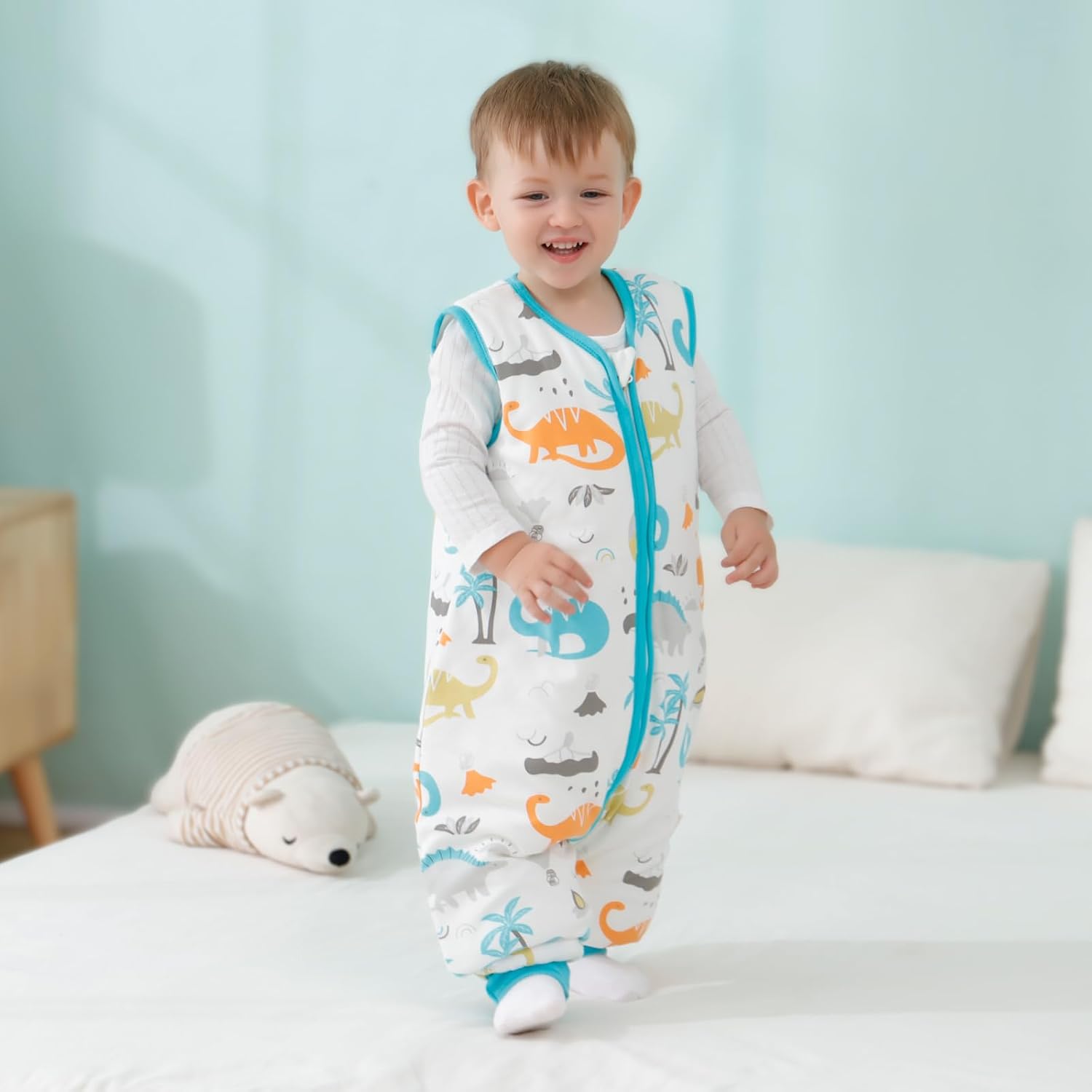 Detalle 2 de Mosebears babyslaapzak met voetjes, 2,5 tog, katoen, groene dinosaurusprint