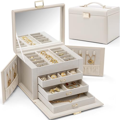 Detalle de Vlando Caja grande para joyas con 4 niveles: joyero de PU cuero, espejo y cajones