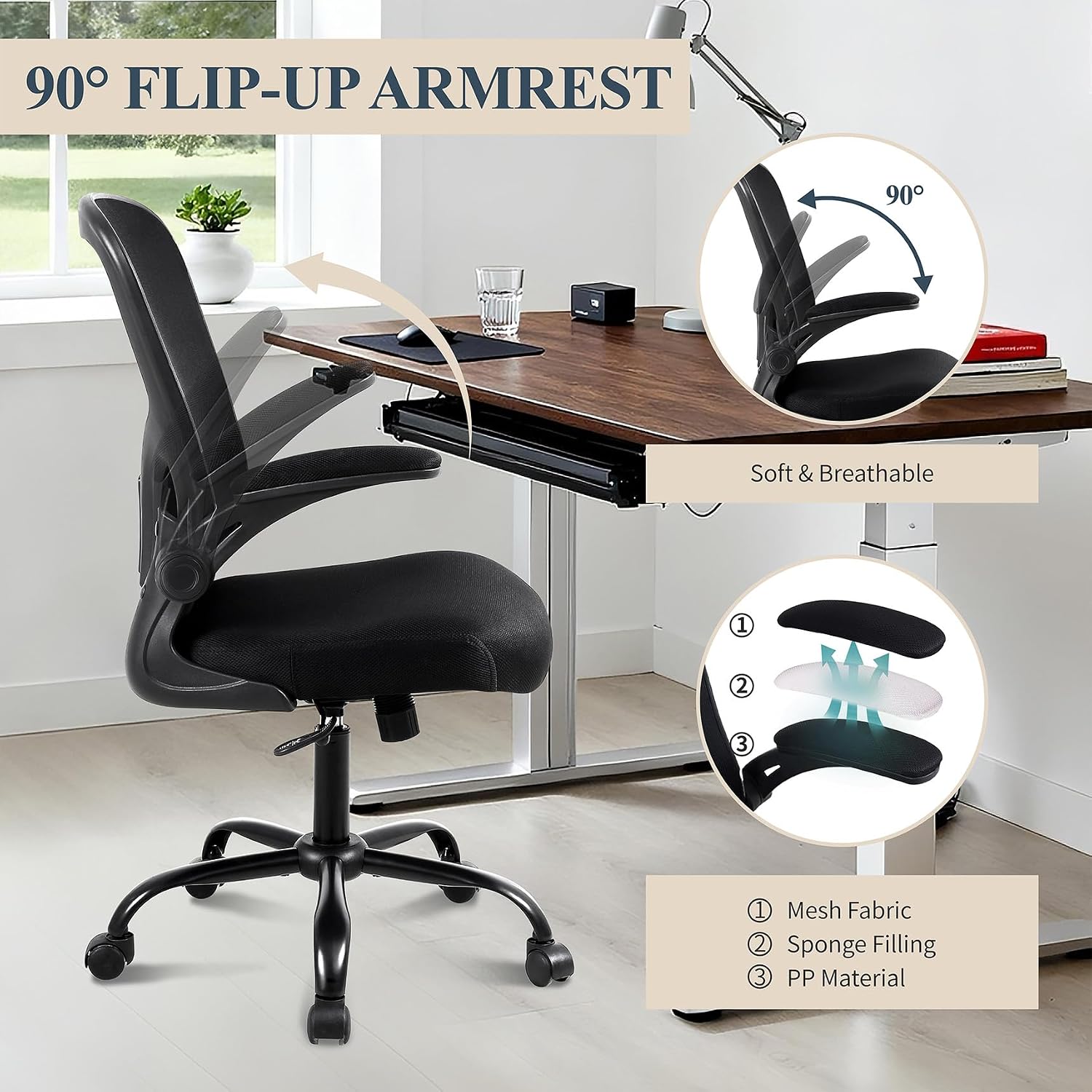 Thumbnail 6 de Youhauchair YC-5001BK Mesh Office Chair with Lumbar Support and Flip-up Arms