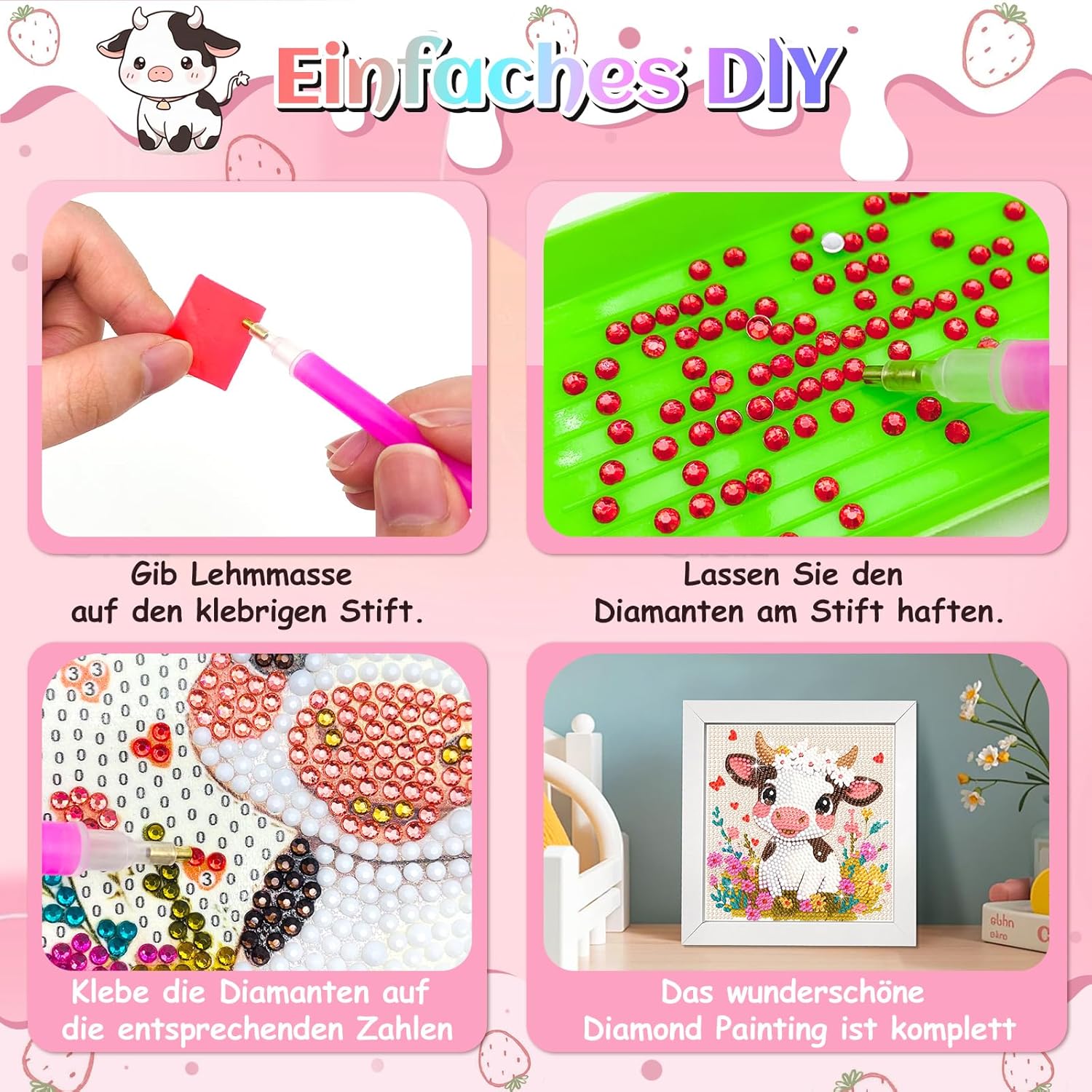 Thumbnail 4 de jieyisier Diamond Painting Set „Kuh“ mit Holzrahmen (5D, 6x6 Zoll) zum Selbermachen