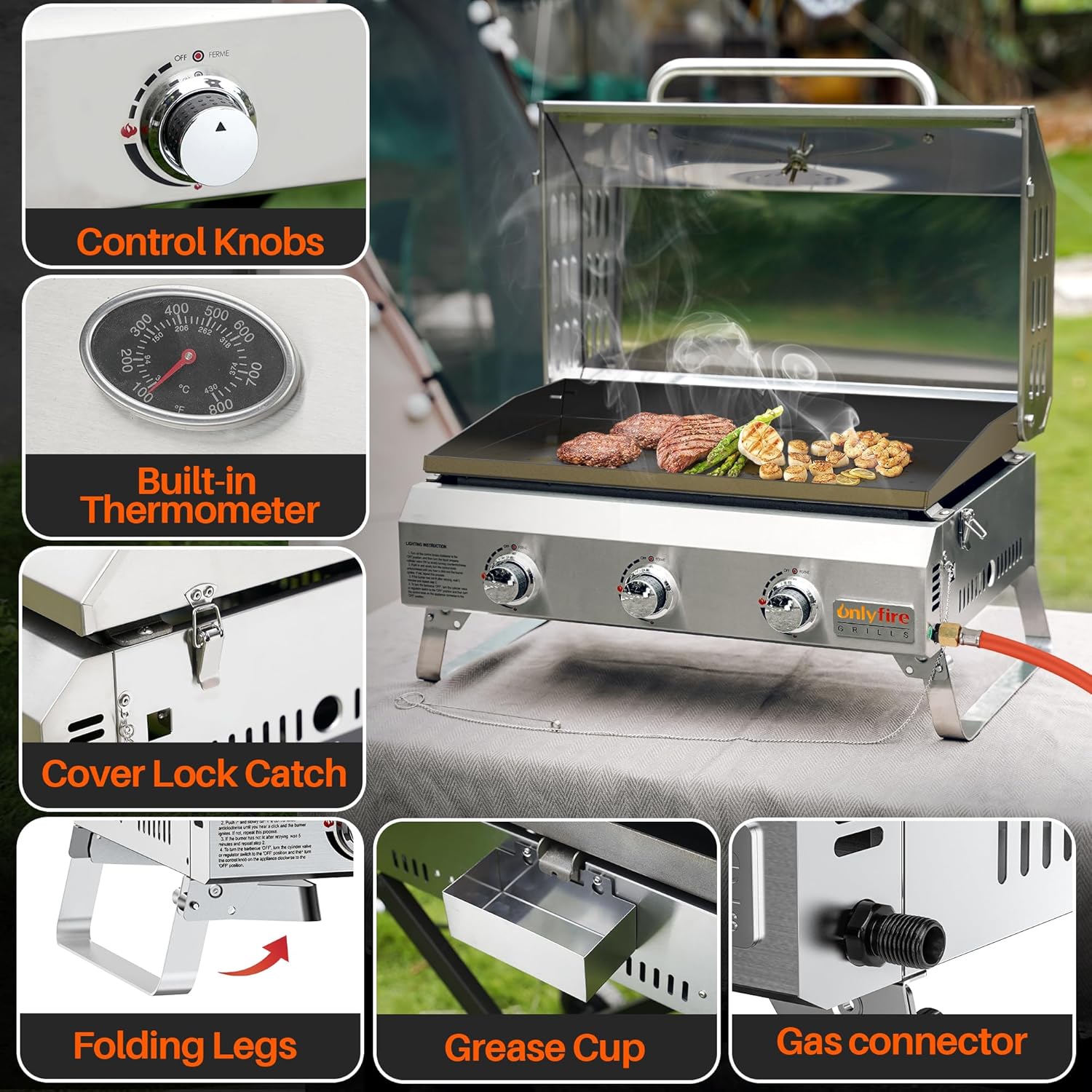 Detalle de Onlyfire Tischgasgrill mit 3 Brennern – Edelstahl Plancha, 57 x 36 cm, Deckel & Thermometer