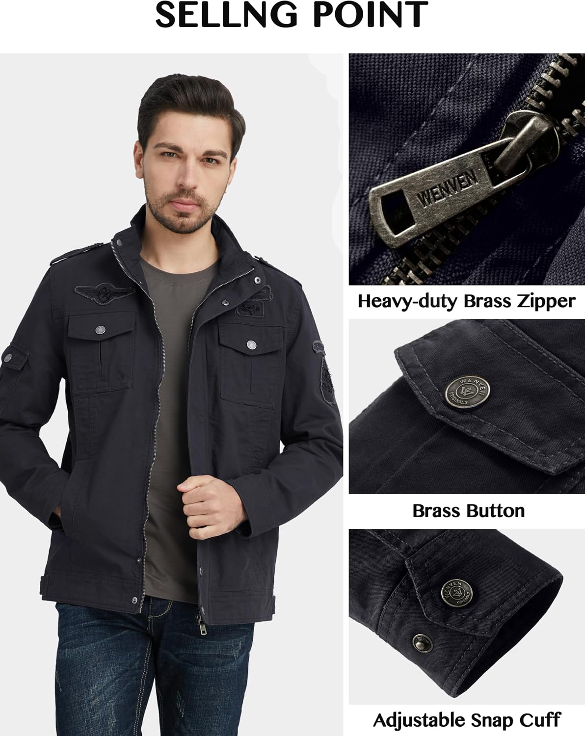 Thumbnail 4 de WenVen Giacca da Uomo Classica in Cotone con Zip Antivento e Tasche, stile casual autunnale