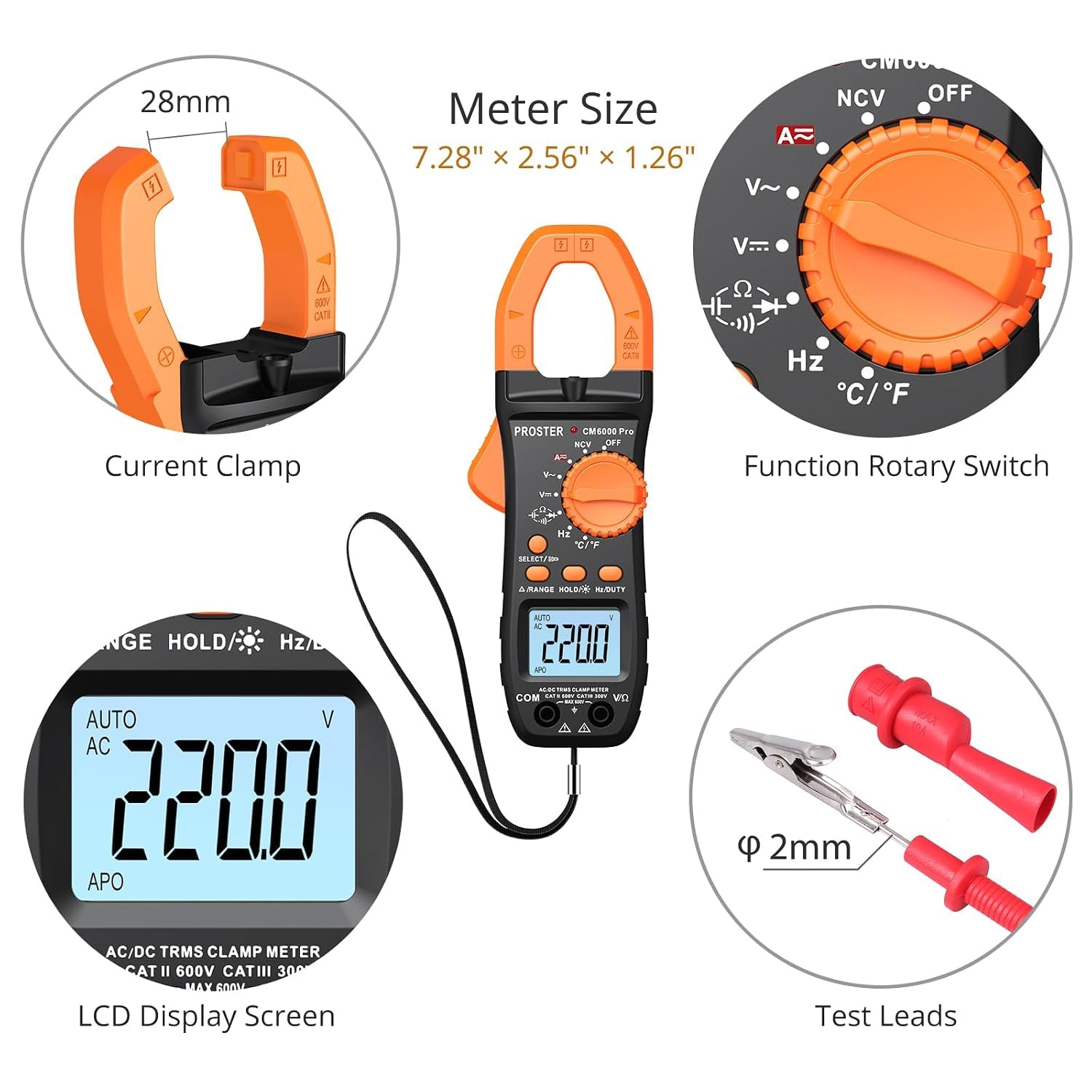 Detalle de Proster PDM-6000NCV Clamp Meter, 800A AC/DC, TRMS and NCV