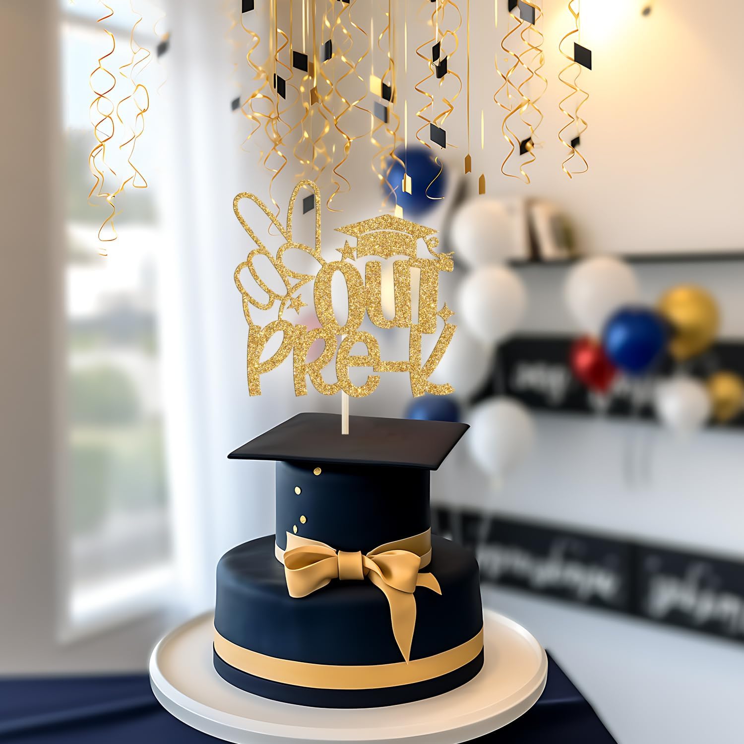Detalle de Calarjeta Out Pre-K Cake Topper, Gold Glitter Paper for Graduation Cakes