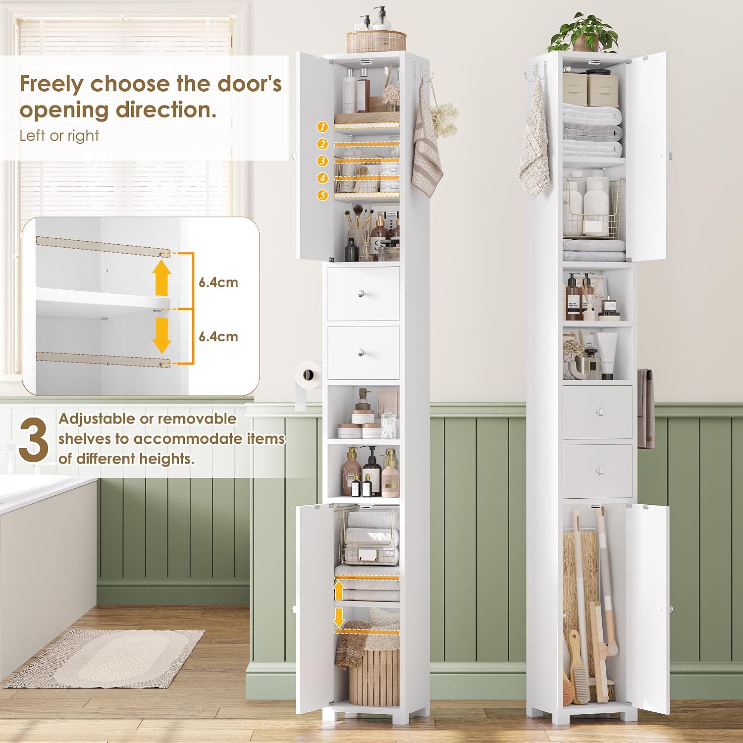Detalle 1 de FOREHILL M324 Tall Bathroom Cabinet, 20 cm Slim White Storage Unit