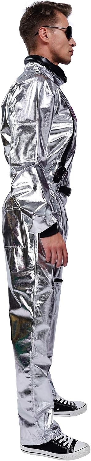 Detalle 2 de Men's Silver Astronaut Costume, Metallic Jumpsuit with Embroidered Patches