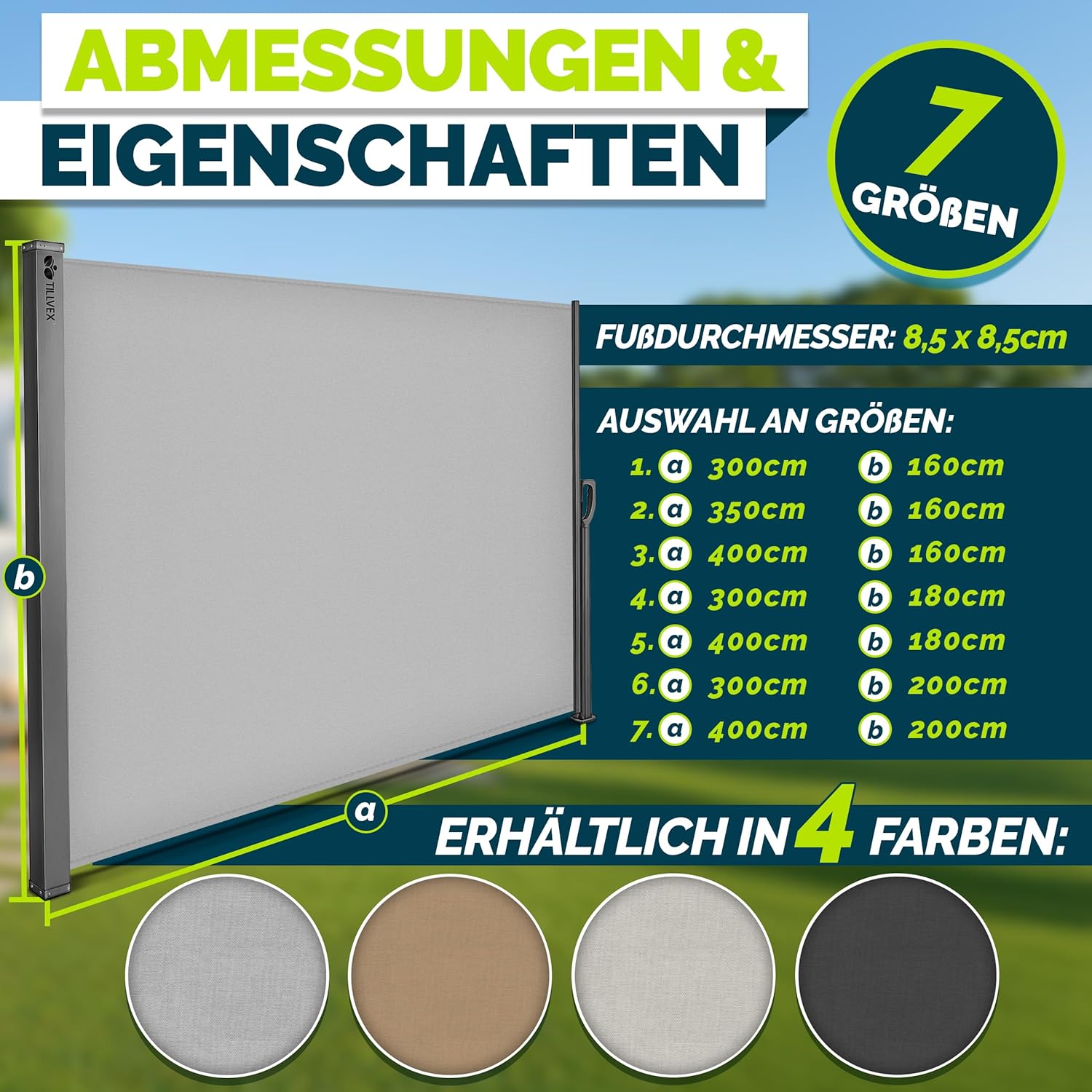 Thumbnail 6 de tillvex® Seitenmarkise 160 x 350 cm ausziehbar mit Regencover – blickdichtes Seitenrollo für Balkon & Terrasse