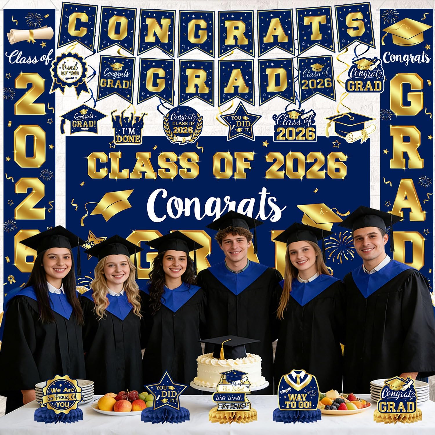 Detalle 2 de LINHAXM 2026 Graduation Decorations Set (Navy Blue & Gold) — Congrats Grad Banner, Backdrop, Porch Sign, Balloons & More