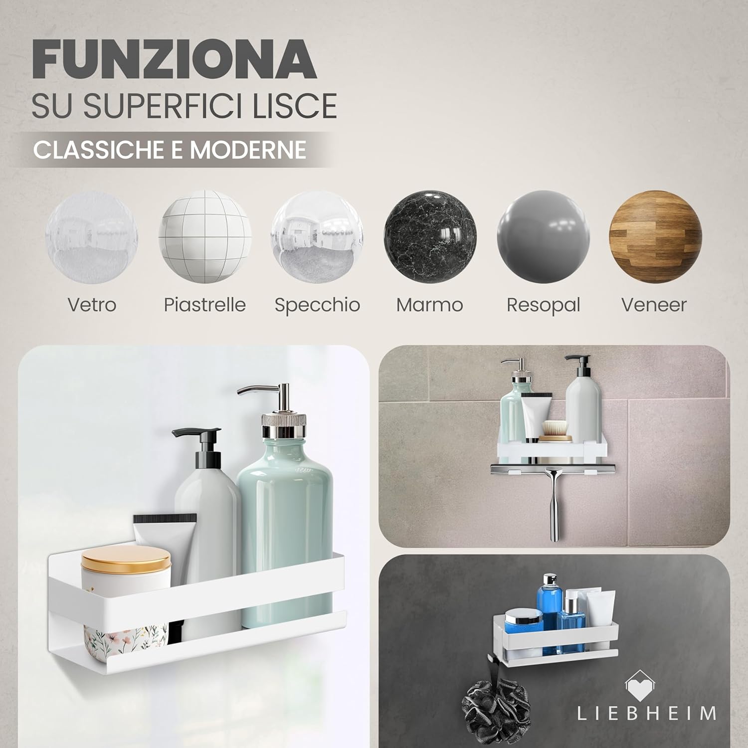 Detalle 2 de LIEBHEIM mensola doccia in acciaio inox bianco per bagno senza foratura