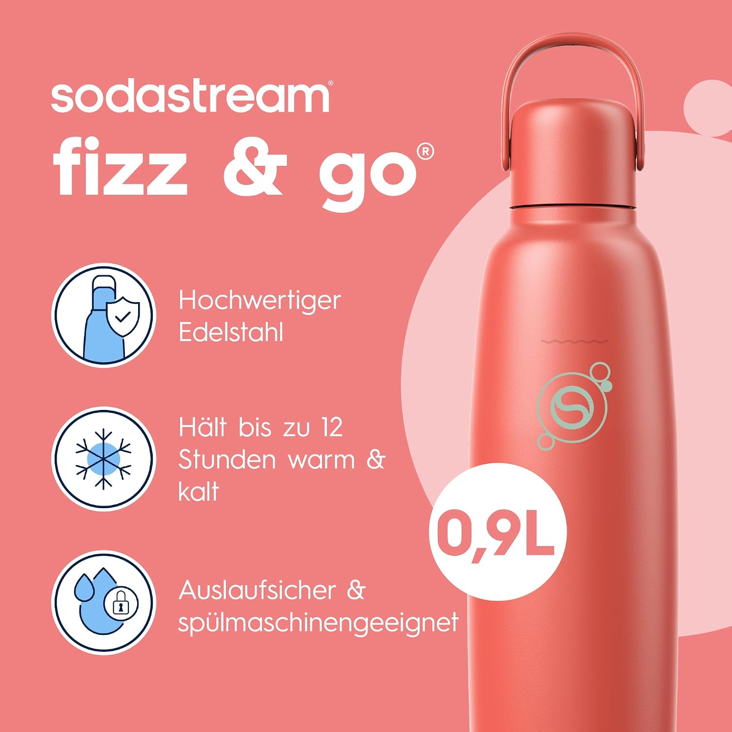 Detalle 2 de SodaStream Fizz & Go Cool Edelstahl 0,9 l doppelwandige Sprudelgetränkeflasche (Papaya)