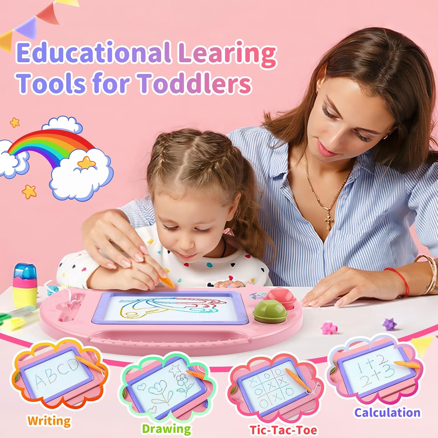 Detalle 2 de BABLOCVID Magnetic Drawing Board for Toddlers, 4-Color Screen, Pink