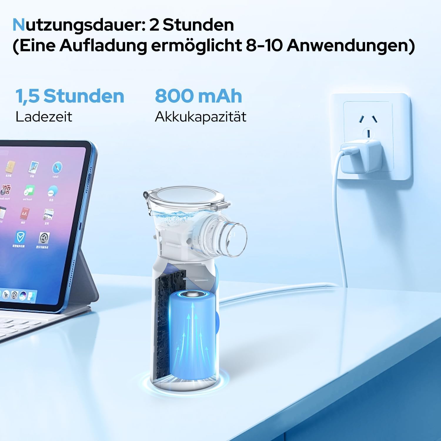 Detalle 2 de Larair Inhalationsgerät für Erwachsene & Kinder – leiser, wiederaufladbarer Vernebler mit Selbstreinigung, blau