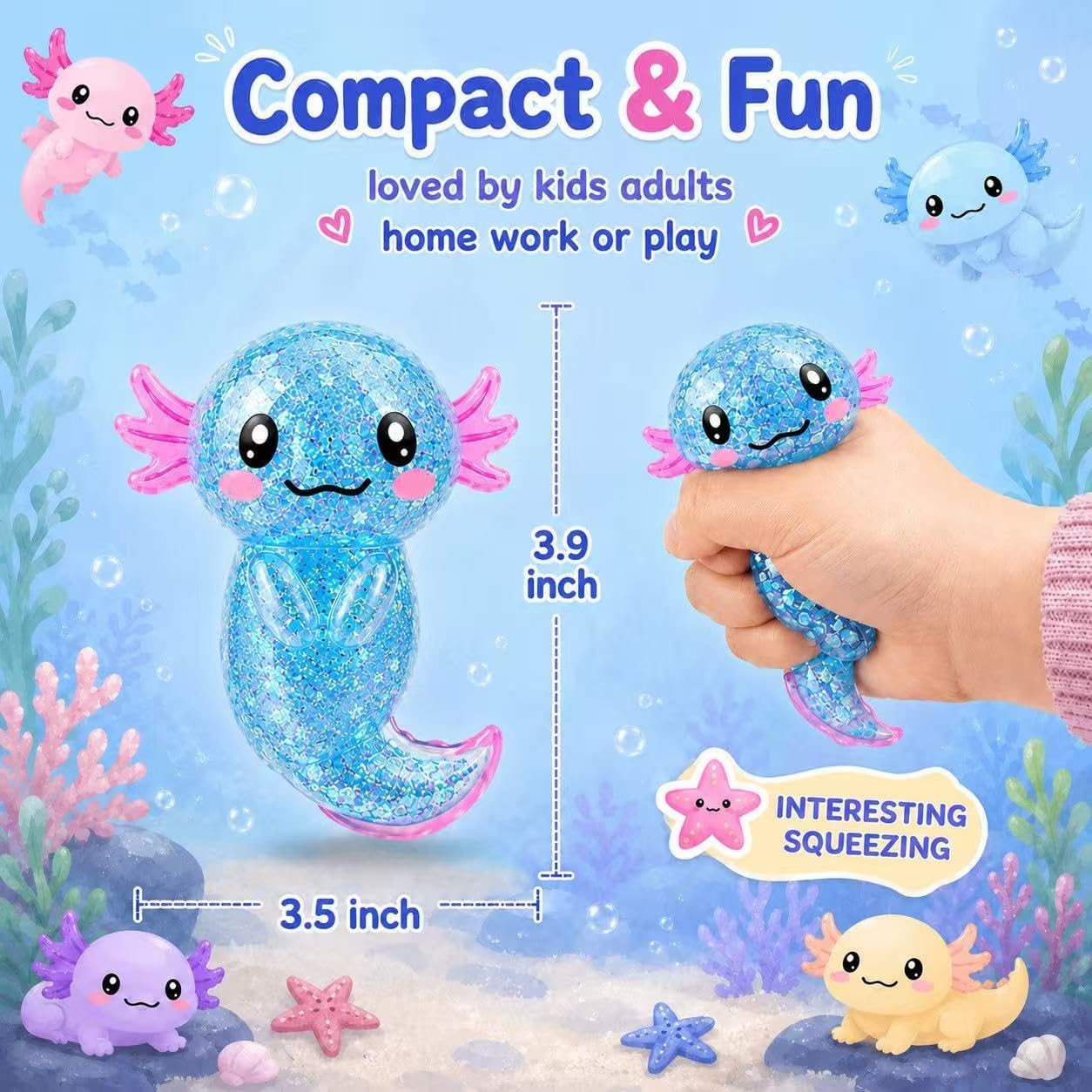 Detalle de HFZCZW Blue Axolotl Squishy Toy Set, Glitter-Filled TPR, 24 Count