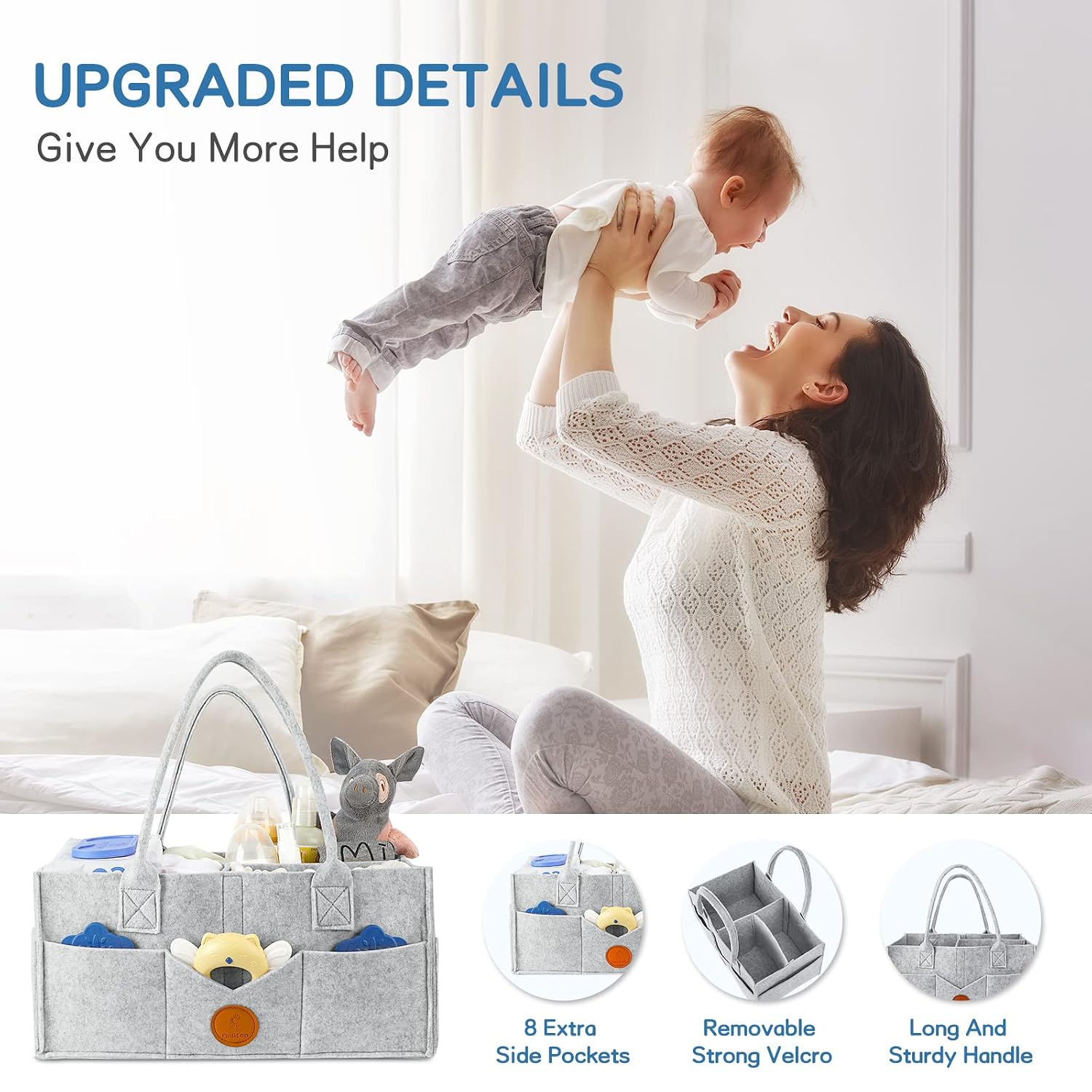 Detalle 2 de Maliton Large Felt Diaper Caddy, Gray, with Removable Divider and 8 Pockets