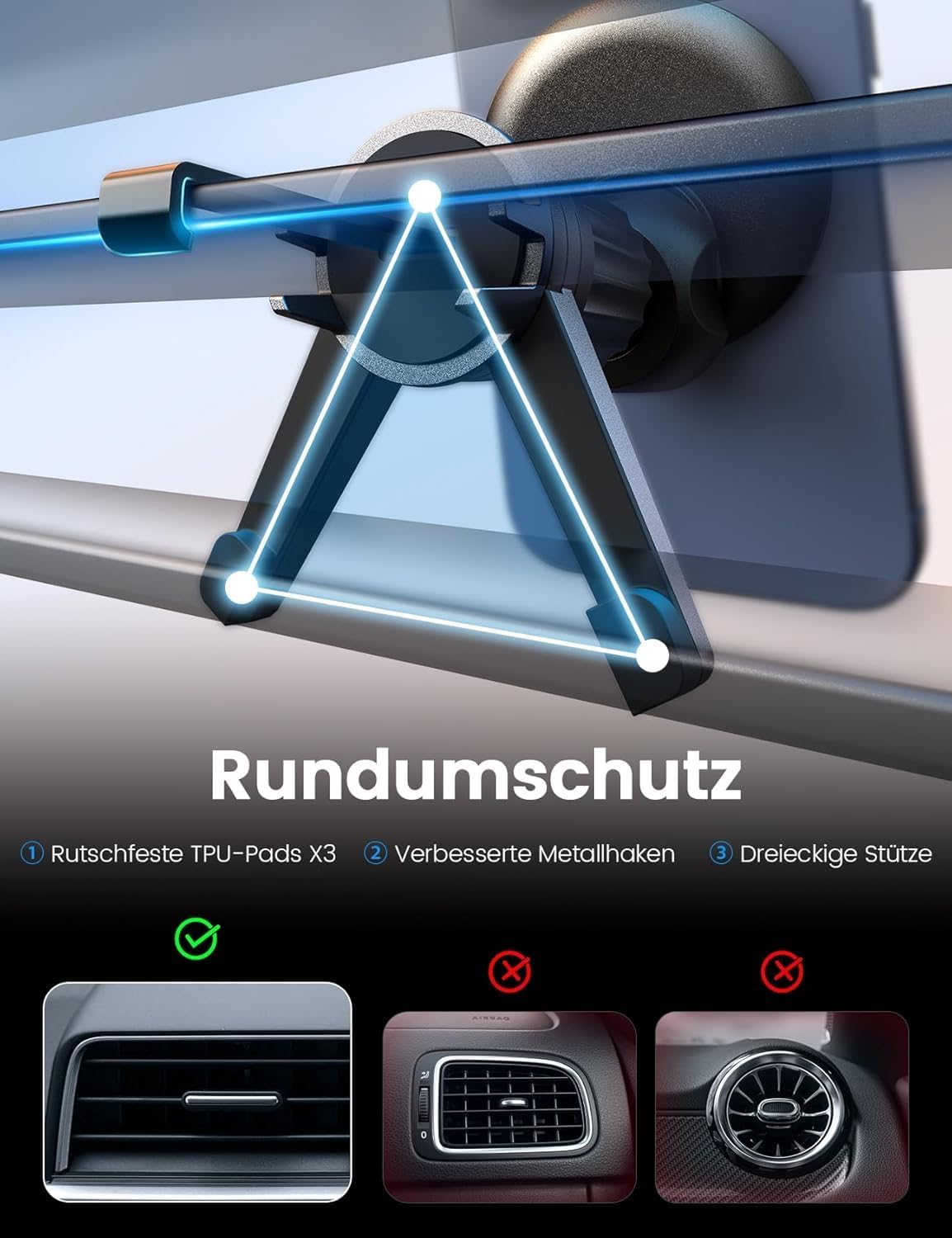 Detalle 2 de Handyhalterung Auto – Lüftungshalterung mit 360° Drehung und Dreifach-Unterstützung