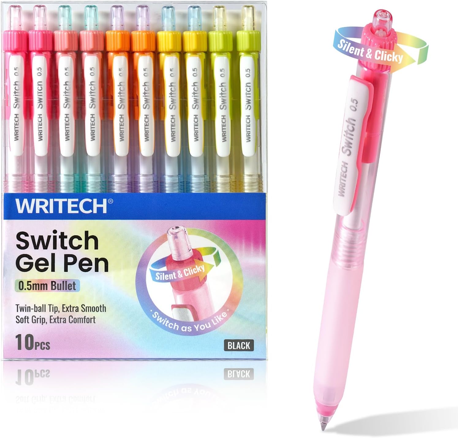WRITECH ノック式ゲルインクペン 0.5mm ブラック、静音切替・ソフトグリップ 10本入り